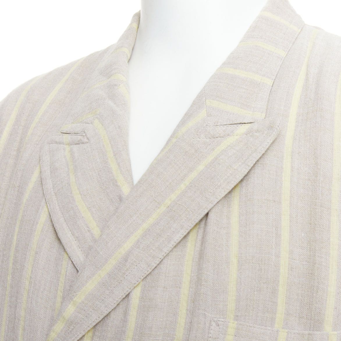 Yohji Yamamoto YOHJI YAMAMOTO stone grey cream striped rayon linen double breasted blazer M Size 48R - 7 Thumbnail
