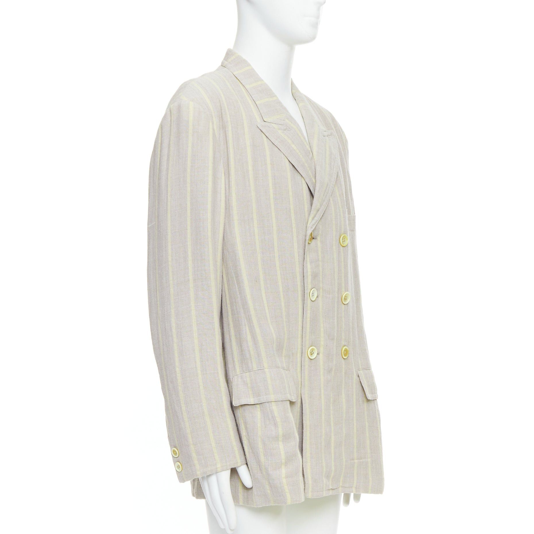 Yohji Yamamoto YOHJI YAMAMOTO stone grey cream striped rayon linen double breasted blazer M Size 48R - 3 Thumbnail