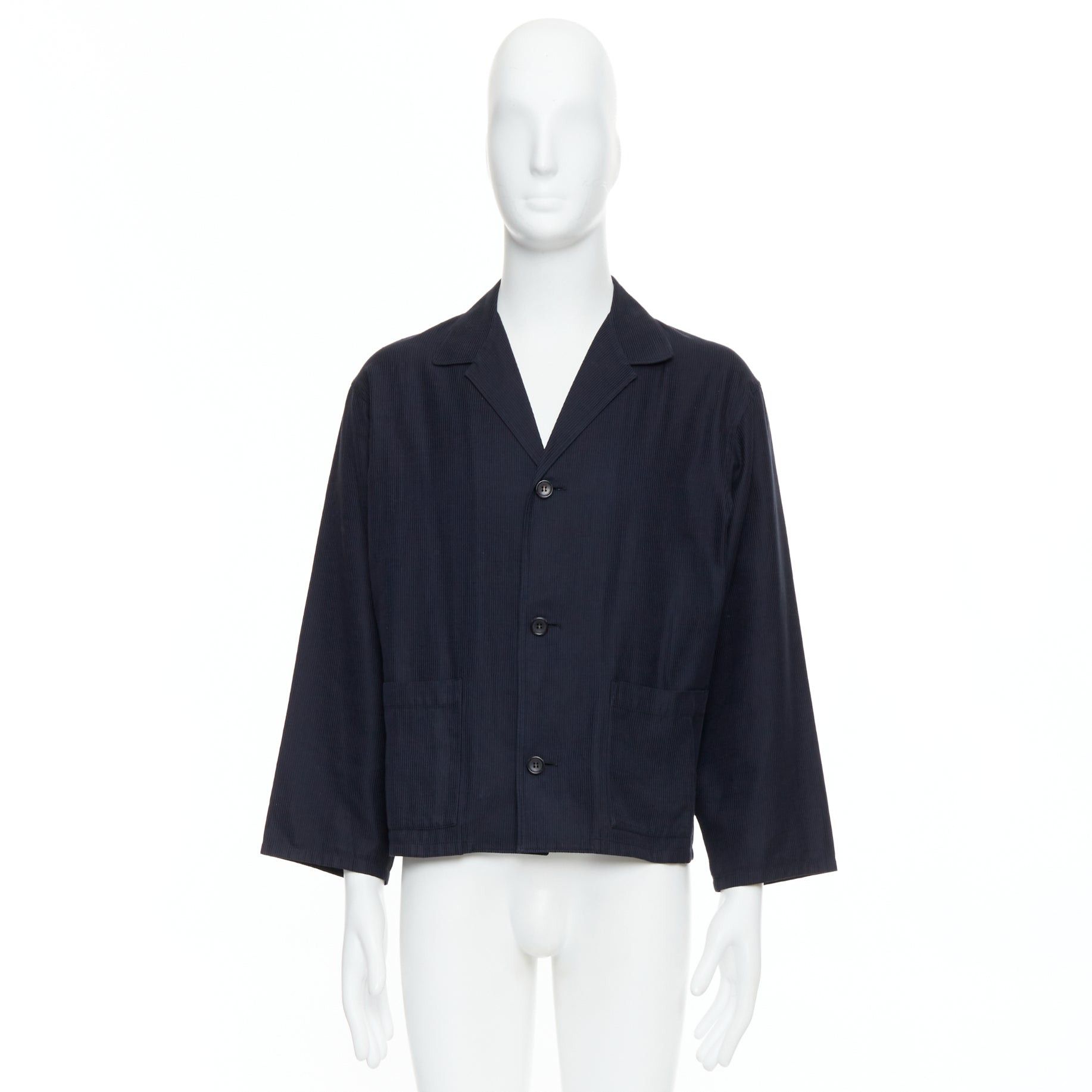 Yohji Yamamoto YOHJI YAMAMOTO navy soft fabric stripe lightweight cropped blazer S Size 52R - 9 Thumbnail