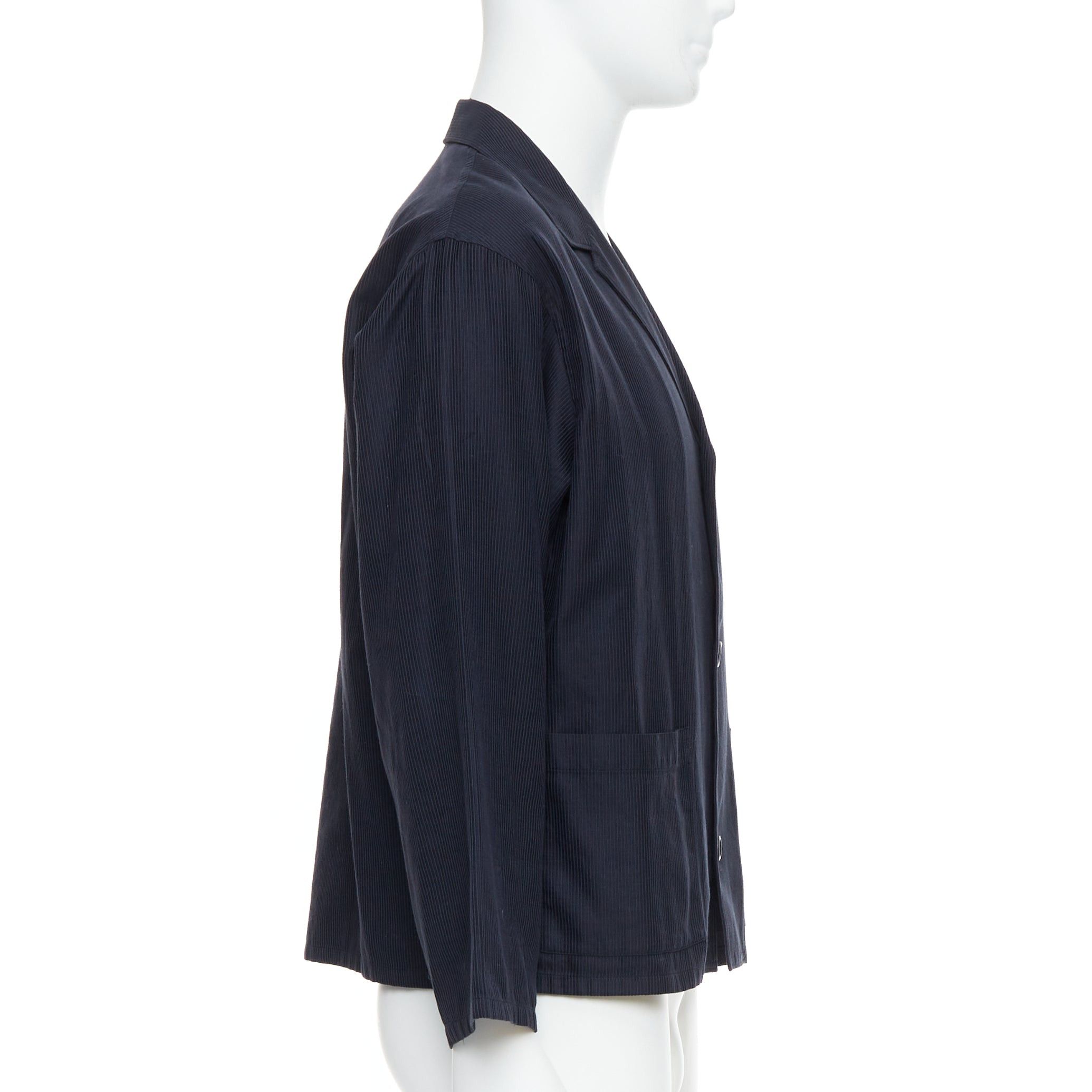 Yohji Yamamoto YOHJI YAMAMOTO navy soft fabric stripe lightweight cropped blazer S Size 52R - 4 Thumbnail