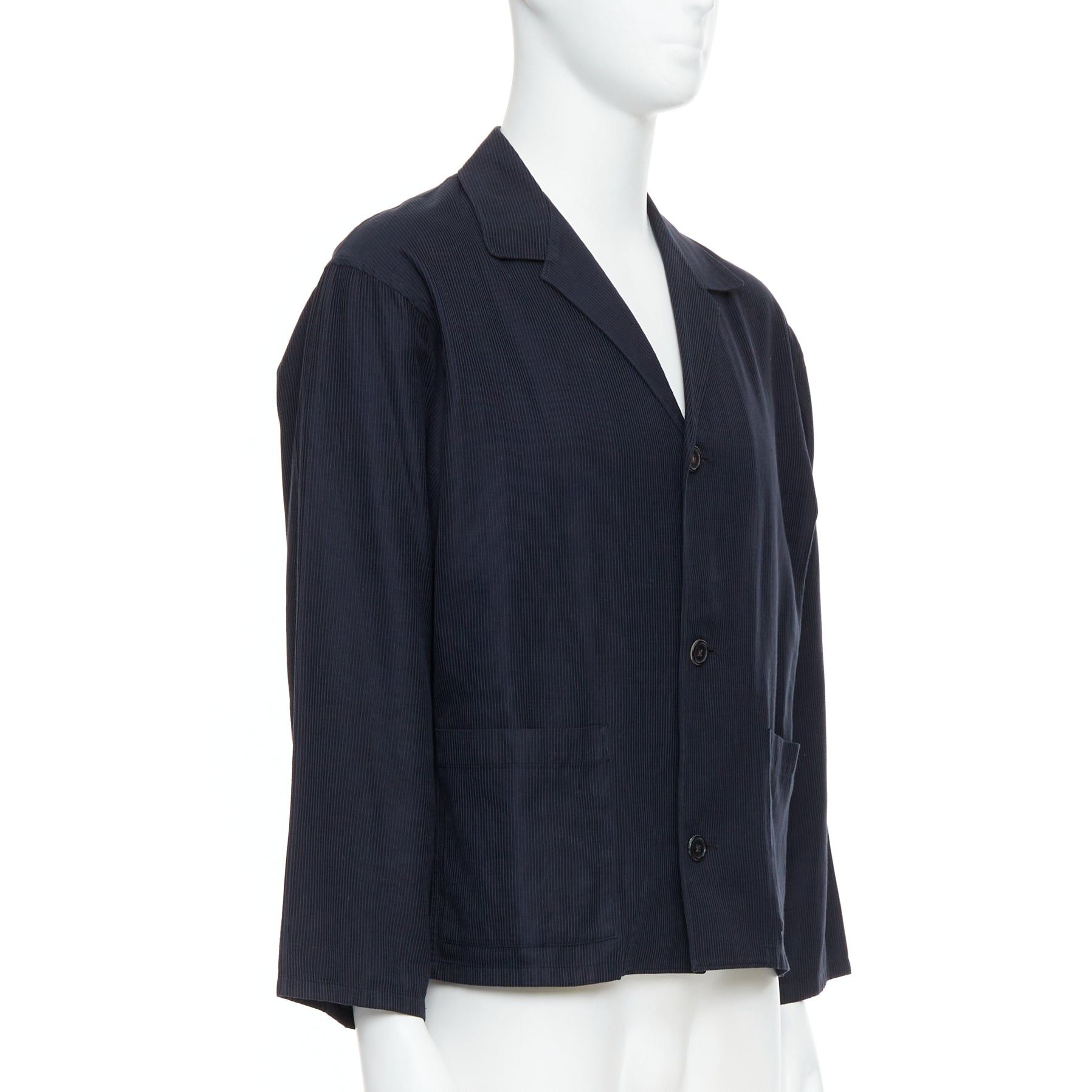 Yohji Yamamoto YOHJI YAMAMOTO navy soft fabric stripe lightweight cropped blazer S Size 52R - 3 Thumbnail