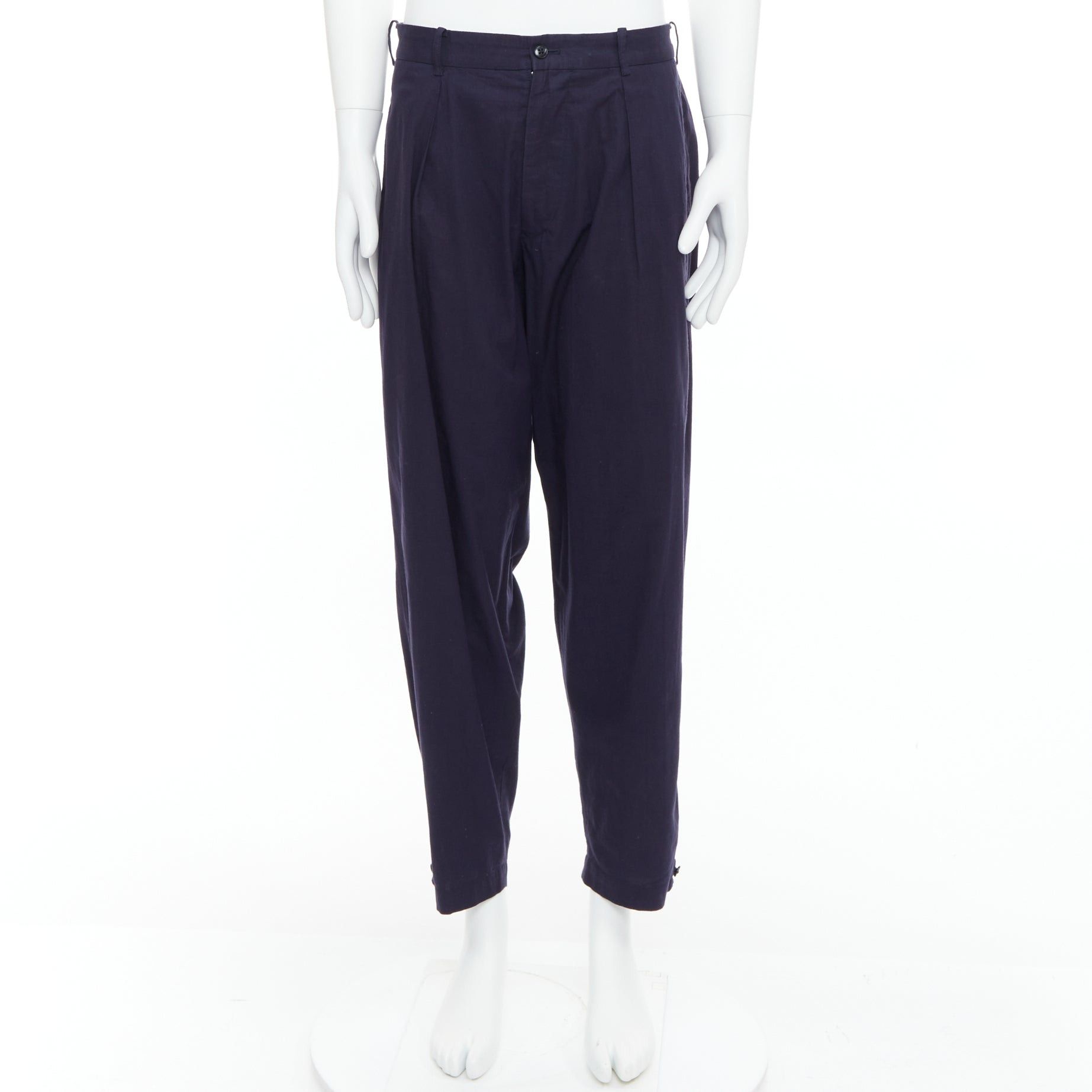 Yohji Yamamoto YOHJI YAMAMOTO navy 100% cotton pleated front tapered pants JP4 XL Size US 29 - 9 Thumbnail