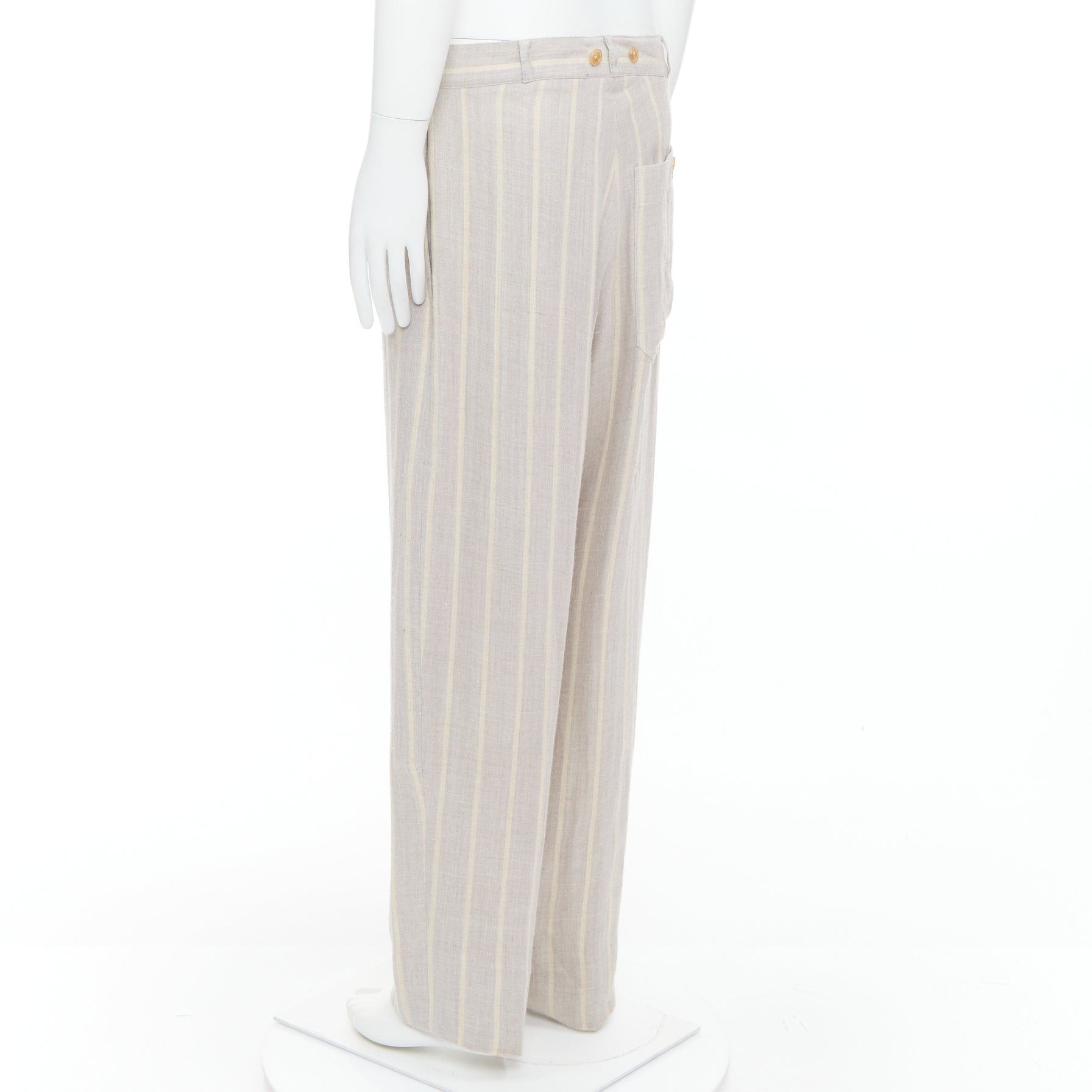 Yohji Yamamoto YOHJI YAMAMOTO grey yellow striped rayon linen button waist wide pants M Size US 30 / EU 46 - 6 Thumbnail