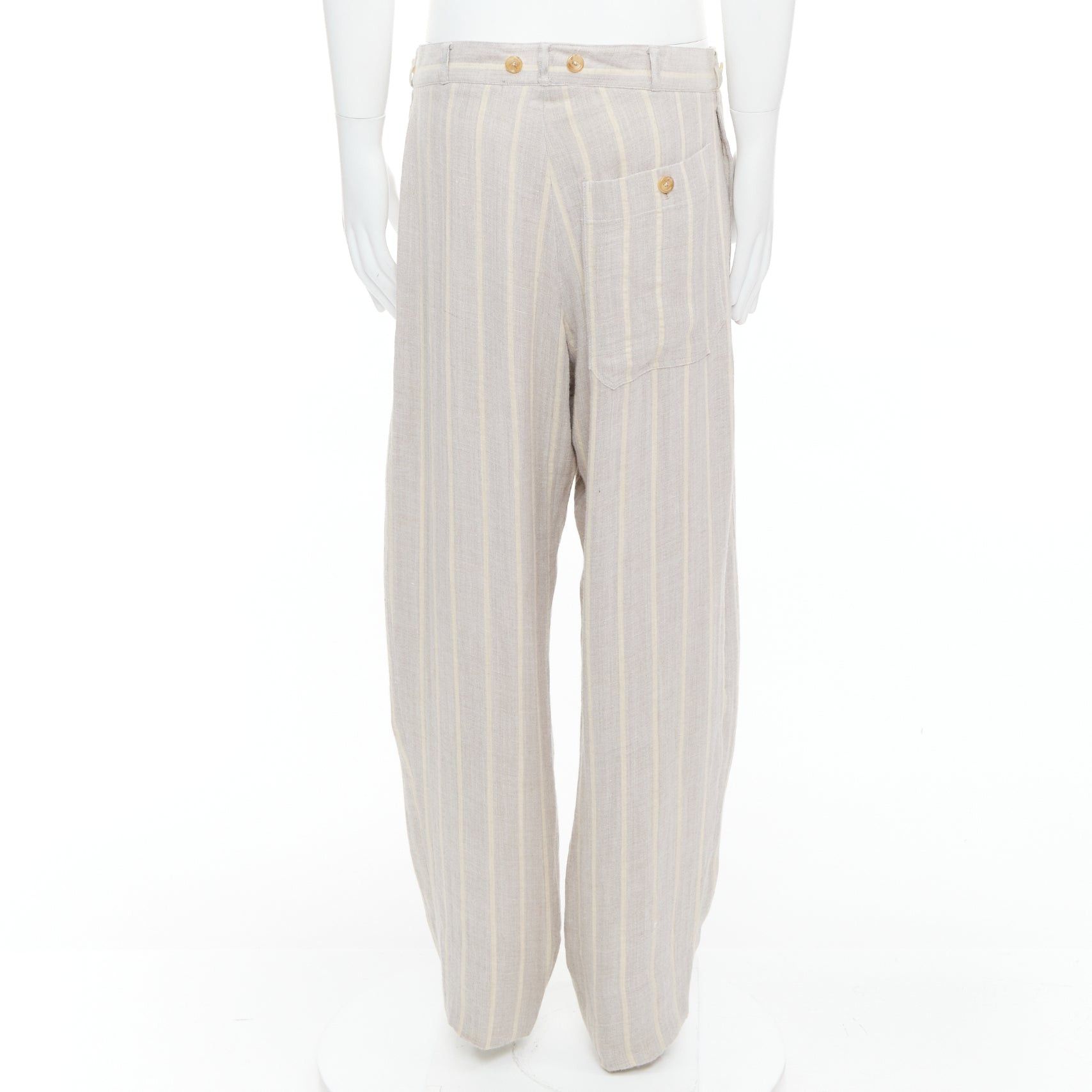 Yohji Yamamoto YOHJI YAMAMOTO grey yellow striped rayon linen button waist wide pants M Size US 30 / EU 46 - 5 Thumbnail