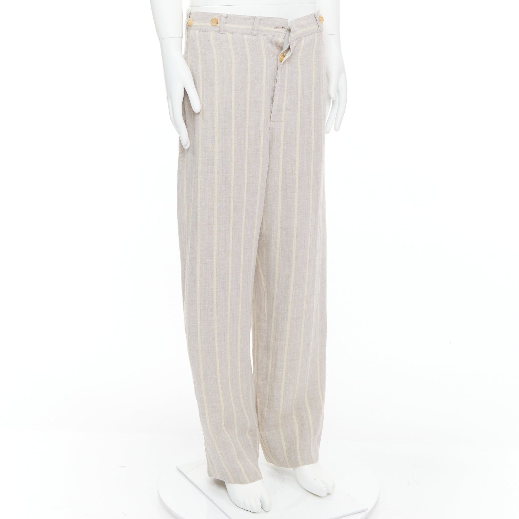 Yohji Yamamoto YOHJI YAMAMOTO grey yellow striped rayon linen button waist wide pants M Size US 30 / EU 46 - 3 Thumbnail