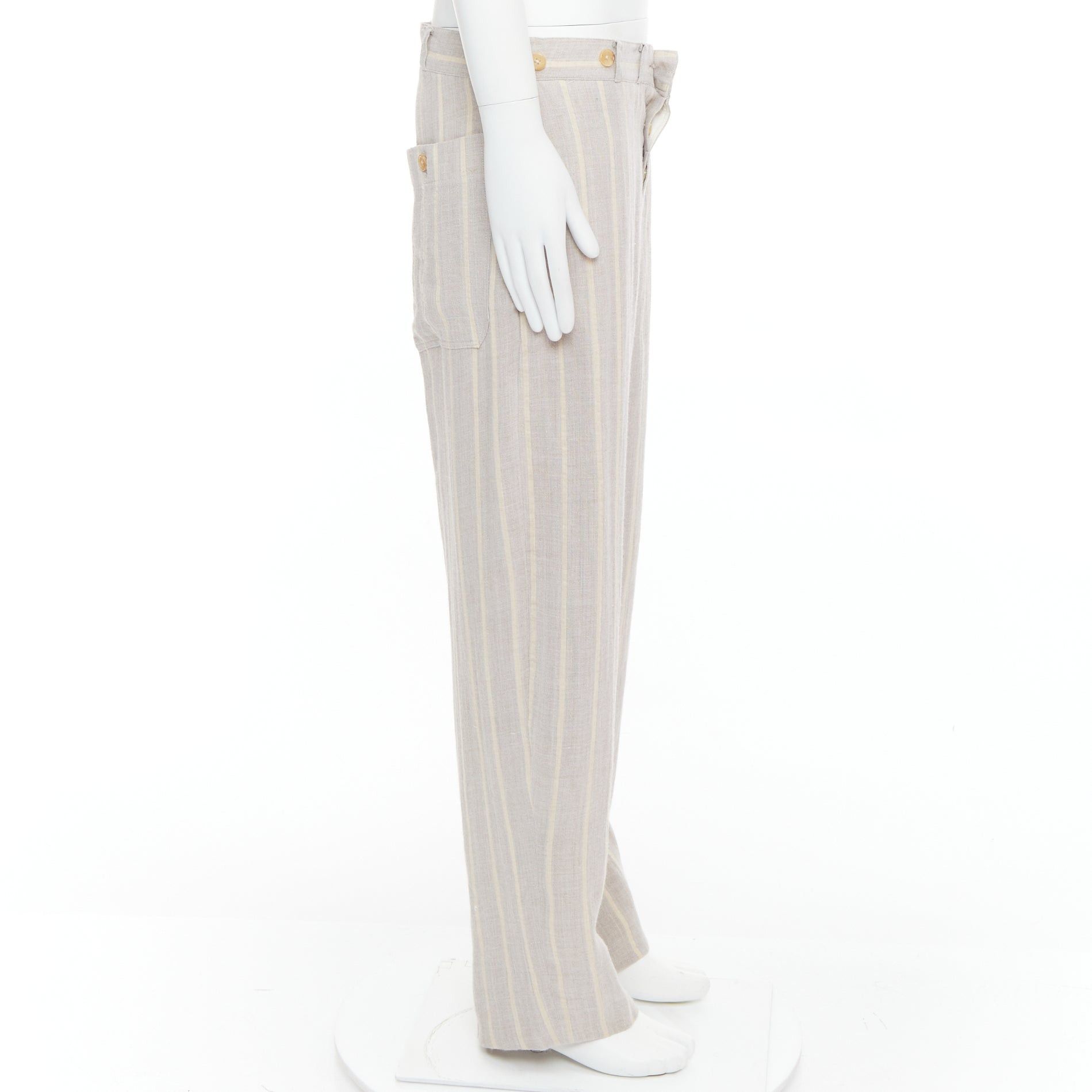 Yohji Yamamoto YOHJI YAMAMOTO grey yellow striped rayon linen button waist wide pants M Size US 30 / EU 46 - 4 Thumbnail