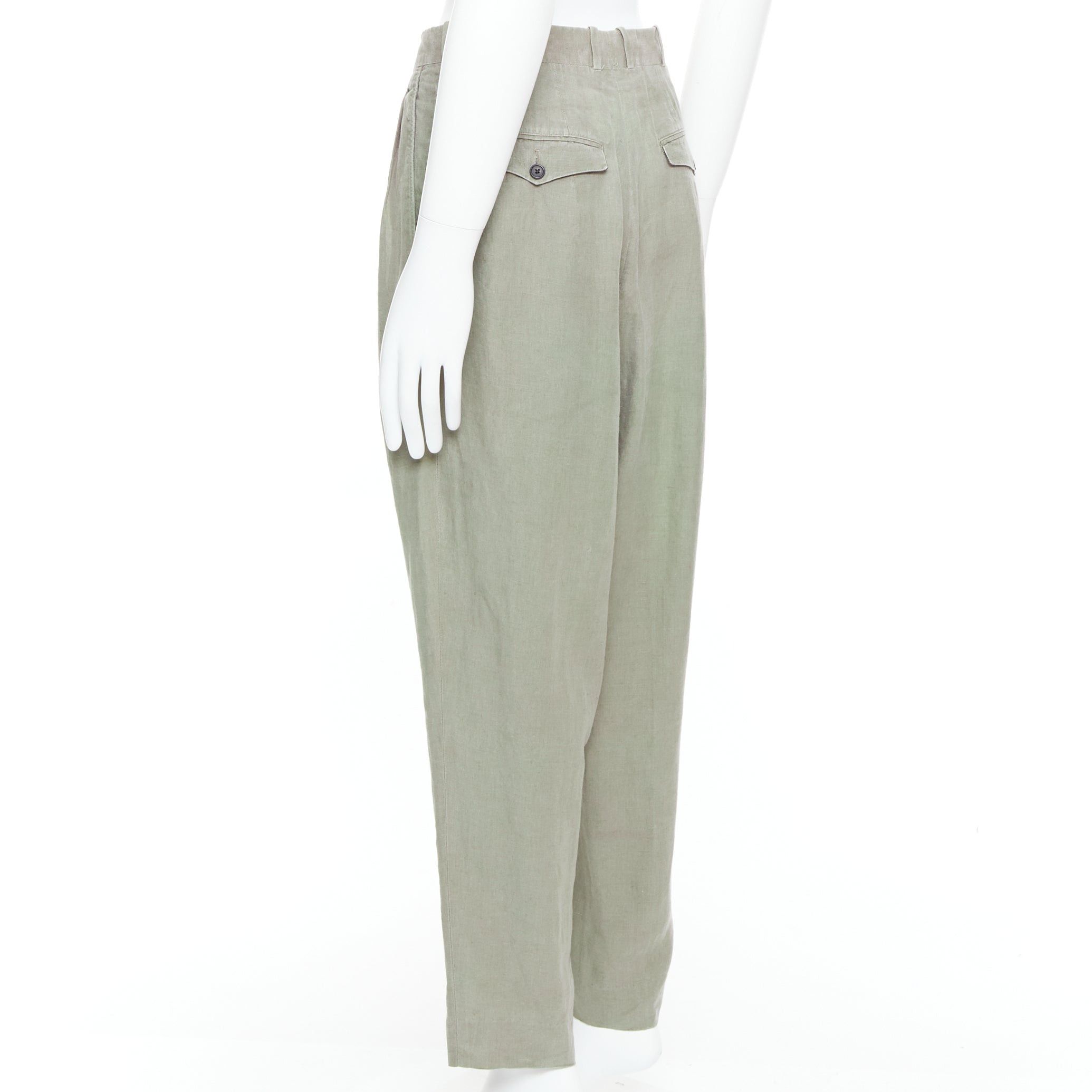 Yohji Yamamoto YOHJI YAMAMOTO khaki green linen pleated front tapered wide pants S Size US 29 - 6 Thumbnail