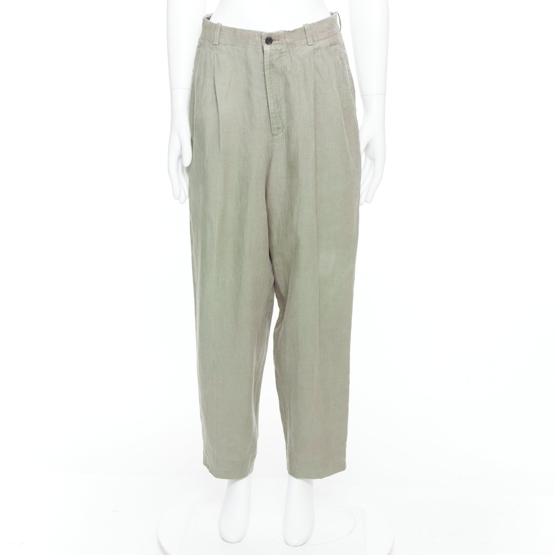 Yohji Yamamoto YOHJI YAMAMOTO khaki green linen pleated front tapered wide pants S Size US 29 - 9 Thumbnail