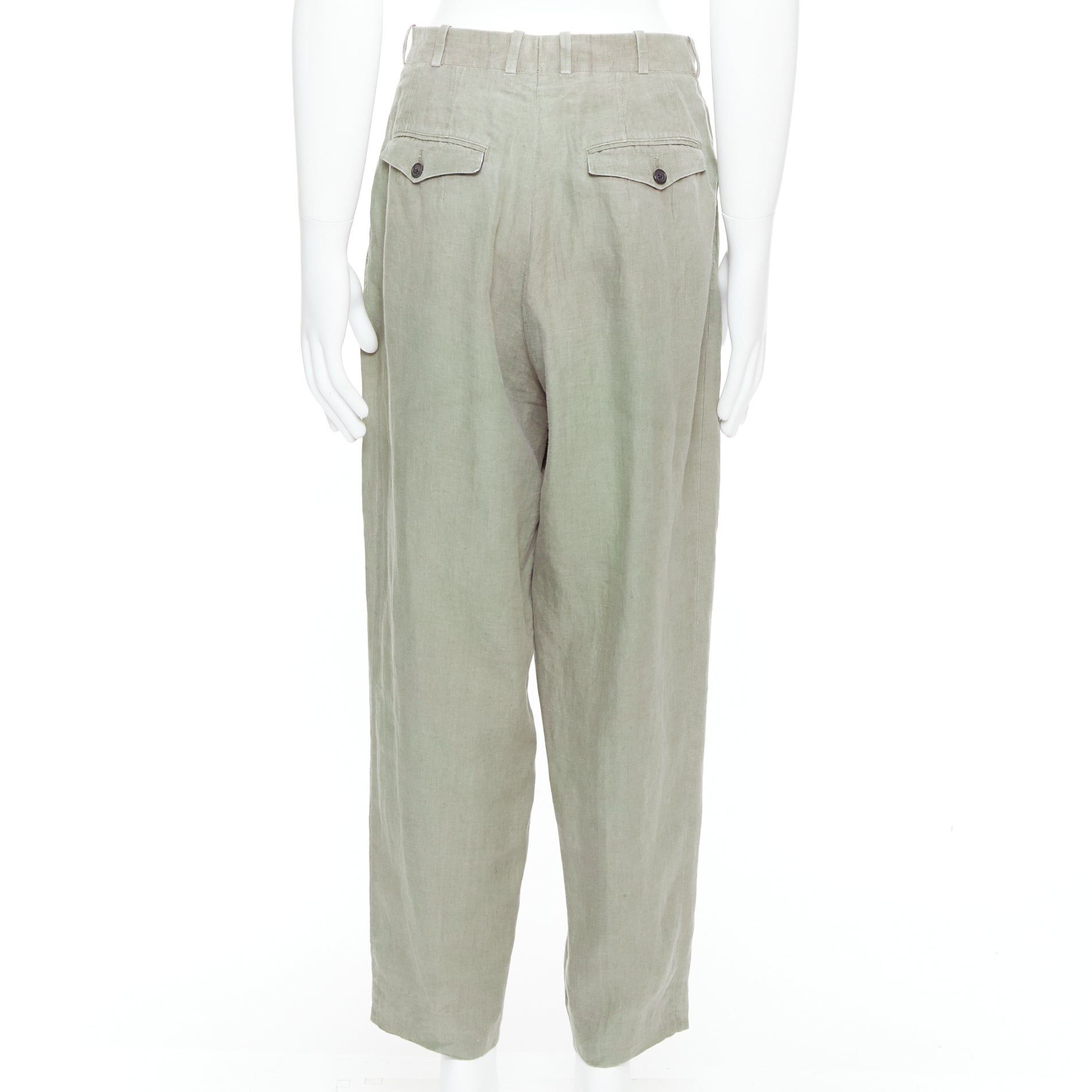 Yohji Yamamoto YOHJI YAMAMOTO khaki green linen pleated front tapered wide pants S Size US 29 - 5 Thumbnail