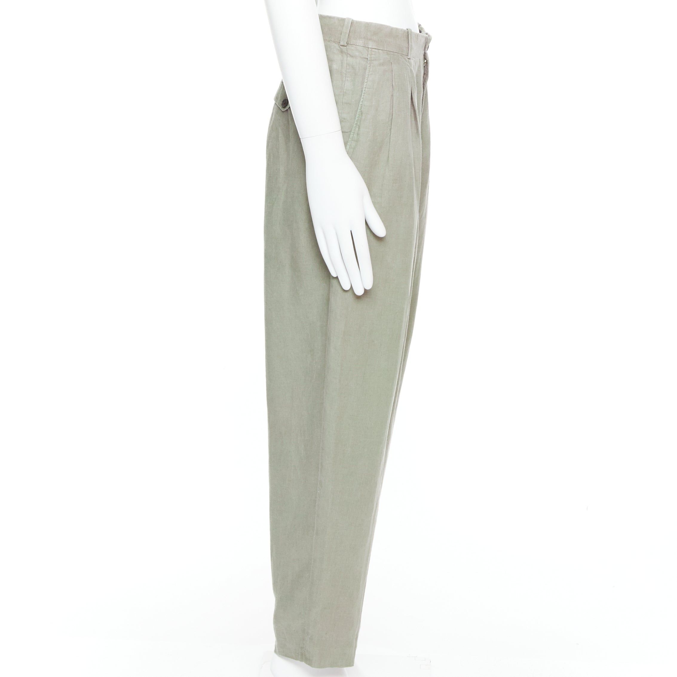 Yohji Yamamoto YOHJI YAMAMOTO khaki green linen pleated front tapered wide pants S Size US 29 - 4 Thumbnail