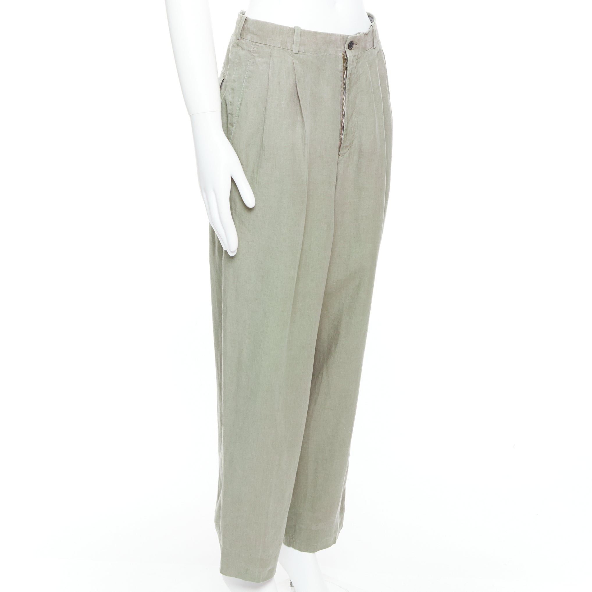 Yohji Yamamoto YOHJI YAMAMOTO khaki green linen pleated front tapered wide pants S Size US 29 - 3 Thumbnail