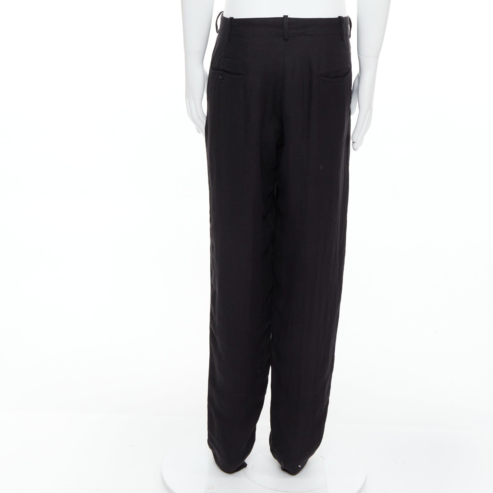 Yohji Yamamoto YOHJI YAMAMOTO black hemp cotton tapered back pockets wide pants JP4 XL Size US 29 - 5 Thumbnail
