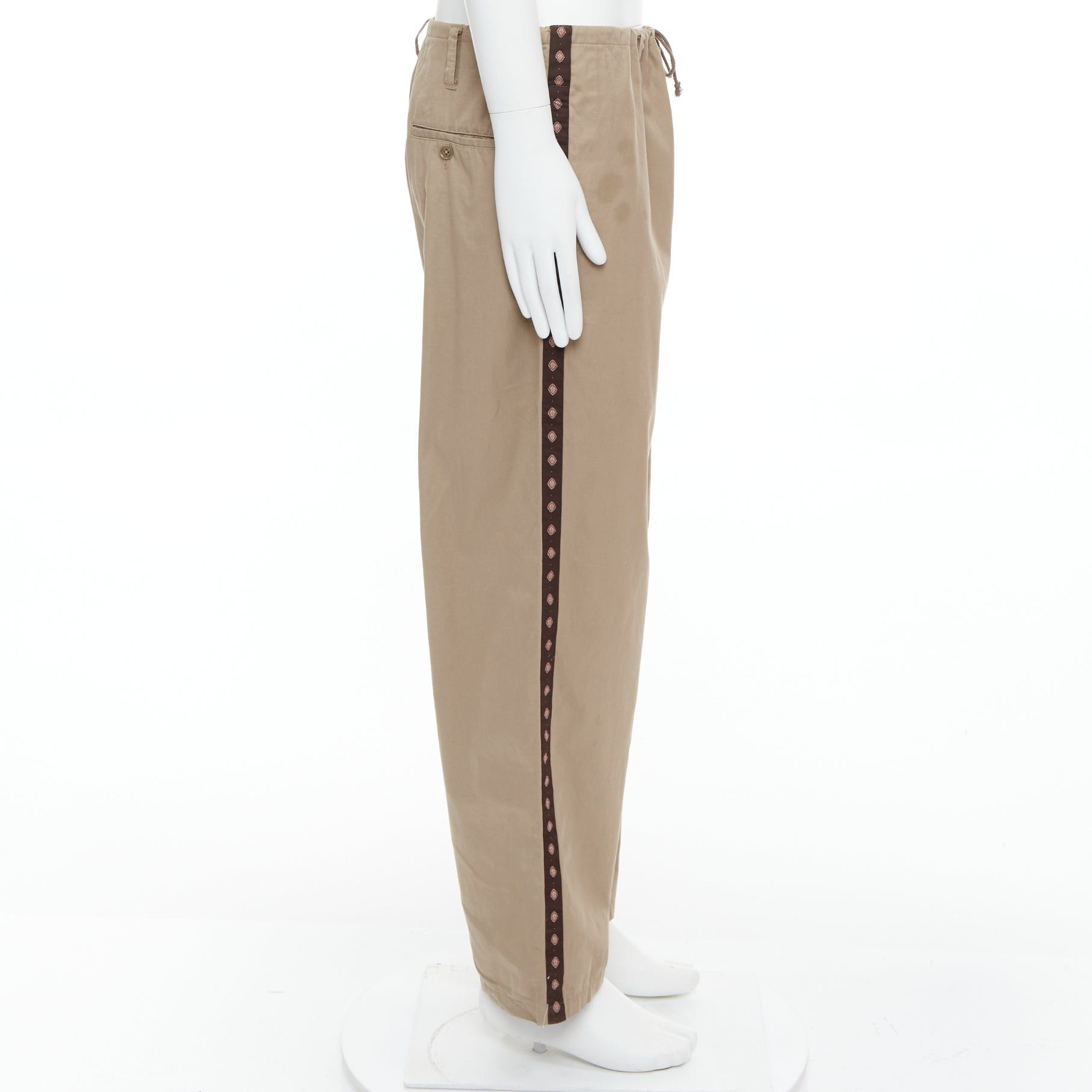 Yohji Yamamoto YOHJI YAMAMOTO beige brown ethnic trim drawstring wide pants JP3 L Size US 29 - 4 Thumbnail