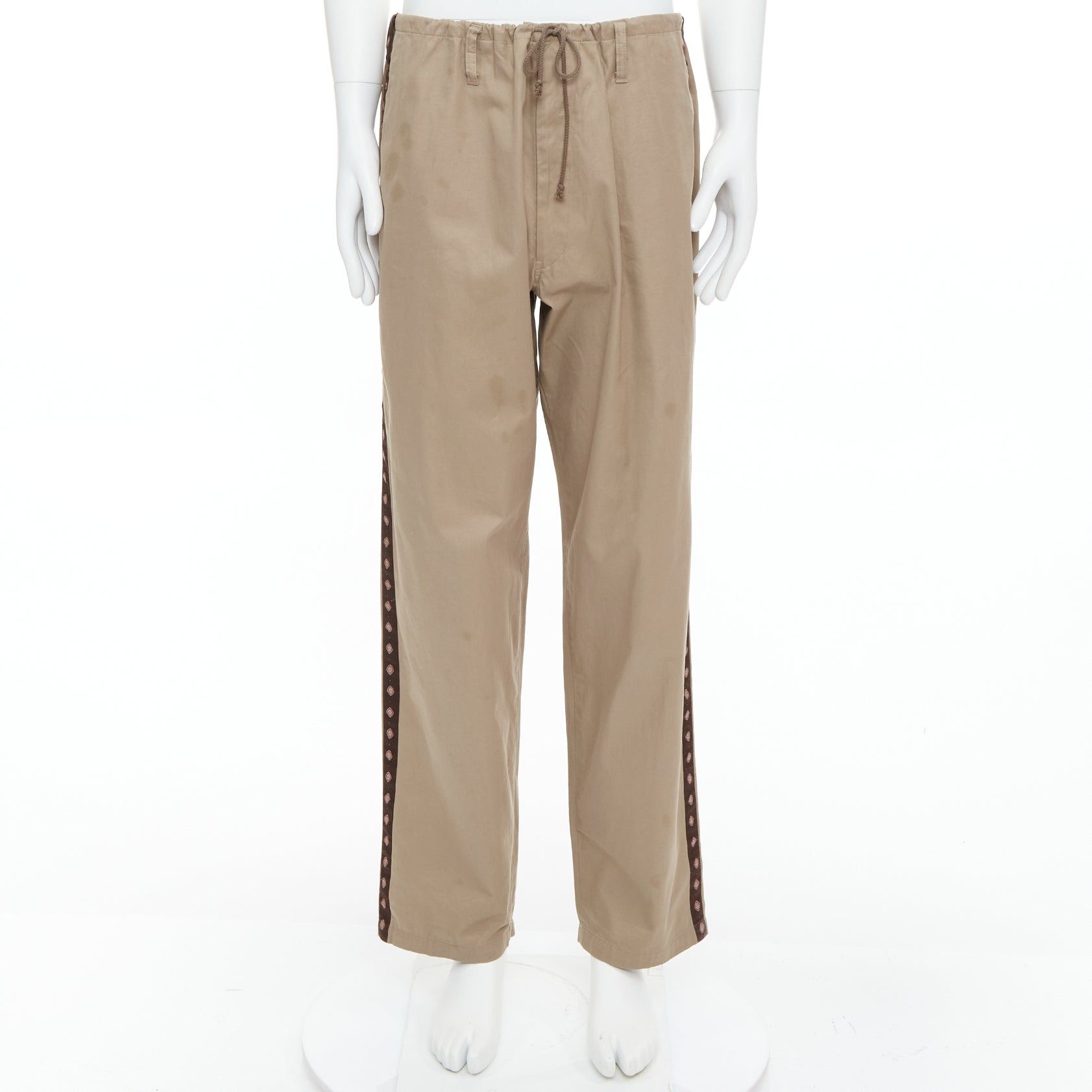 Yohji Yamamoto YOHJI YAMAMOTO beige brown ethnic trim drawstring wide pants JP3 L Size US 29 - 3 Thumbnail