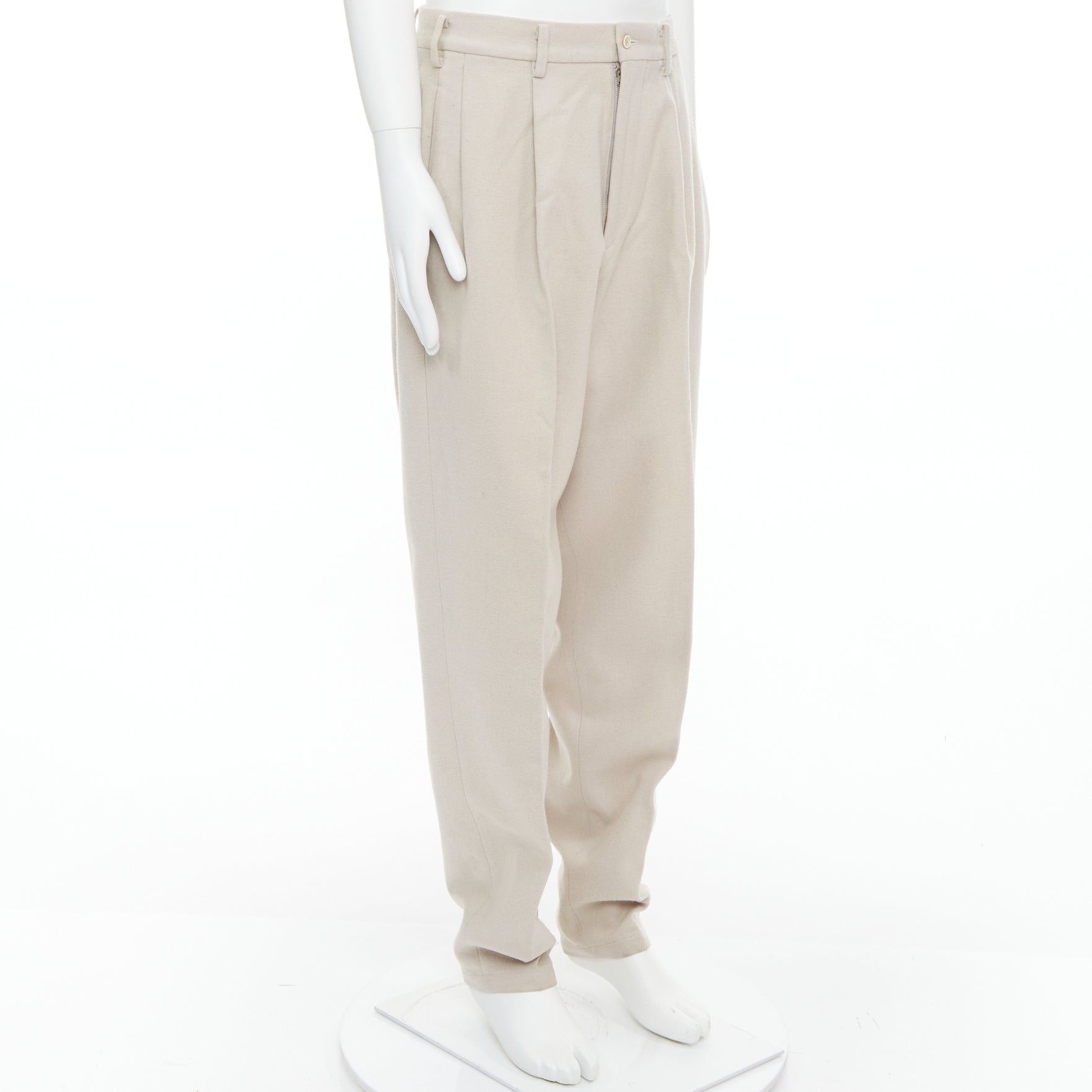Yohji Yamamoto YOHJI YAMAMOTO light beige wool blend tapered 3D pleated pants L Size US 29 - 3 Thumbnail