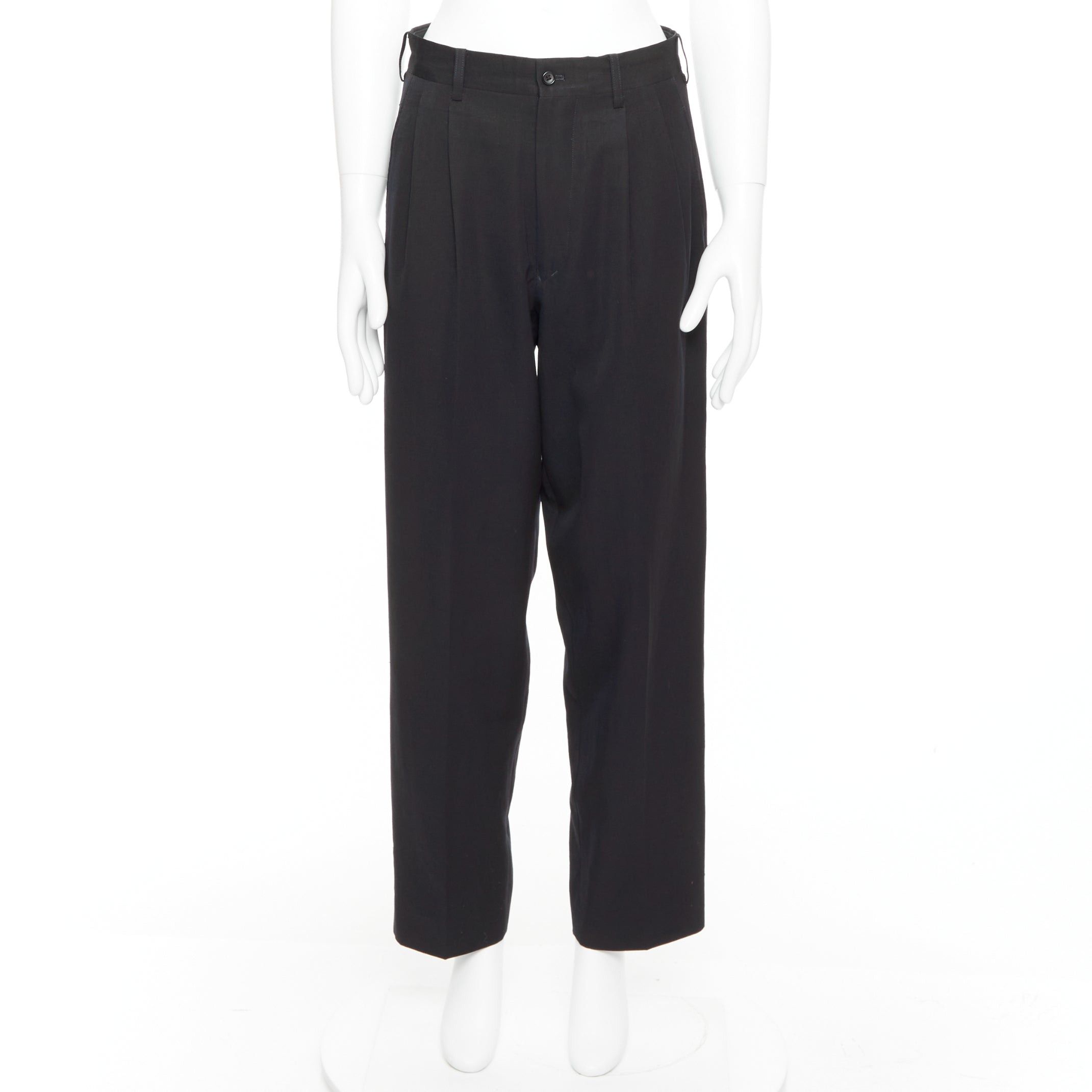 Yohji Yamamoto YOHJI YAMAMOTO navy 100% wool pleated front tapered wide trouser pants S Size US 29 - 9 Thumbnail