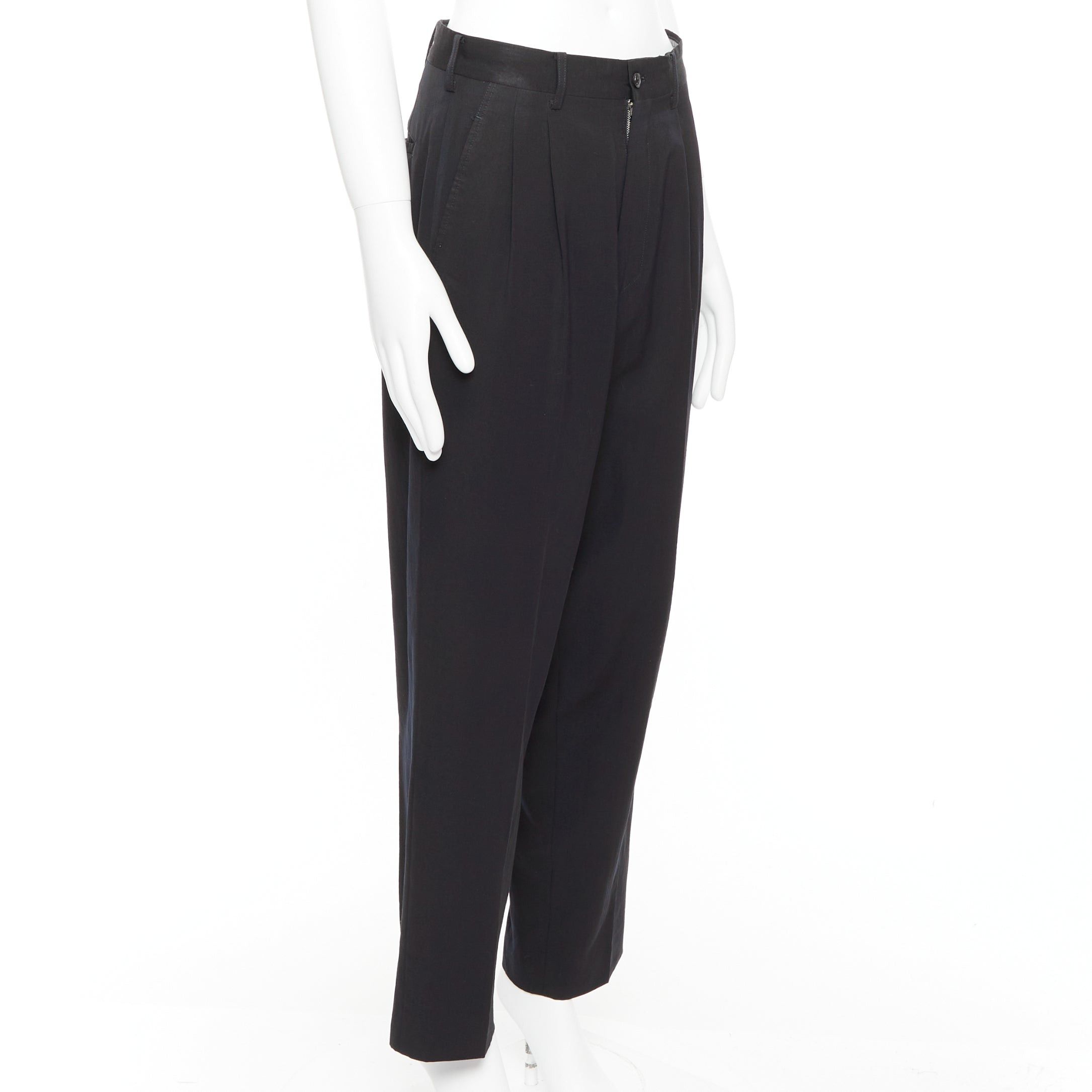 Yohji Yamamoto YOHJI YAMAMOTO navy 100% wool pleated front tapered wide trouser pants S Size US 29 - 3 Thumbnail