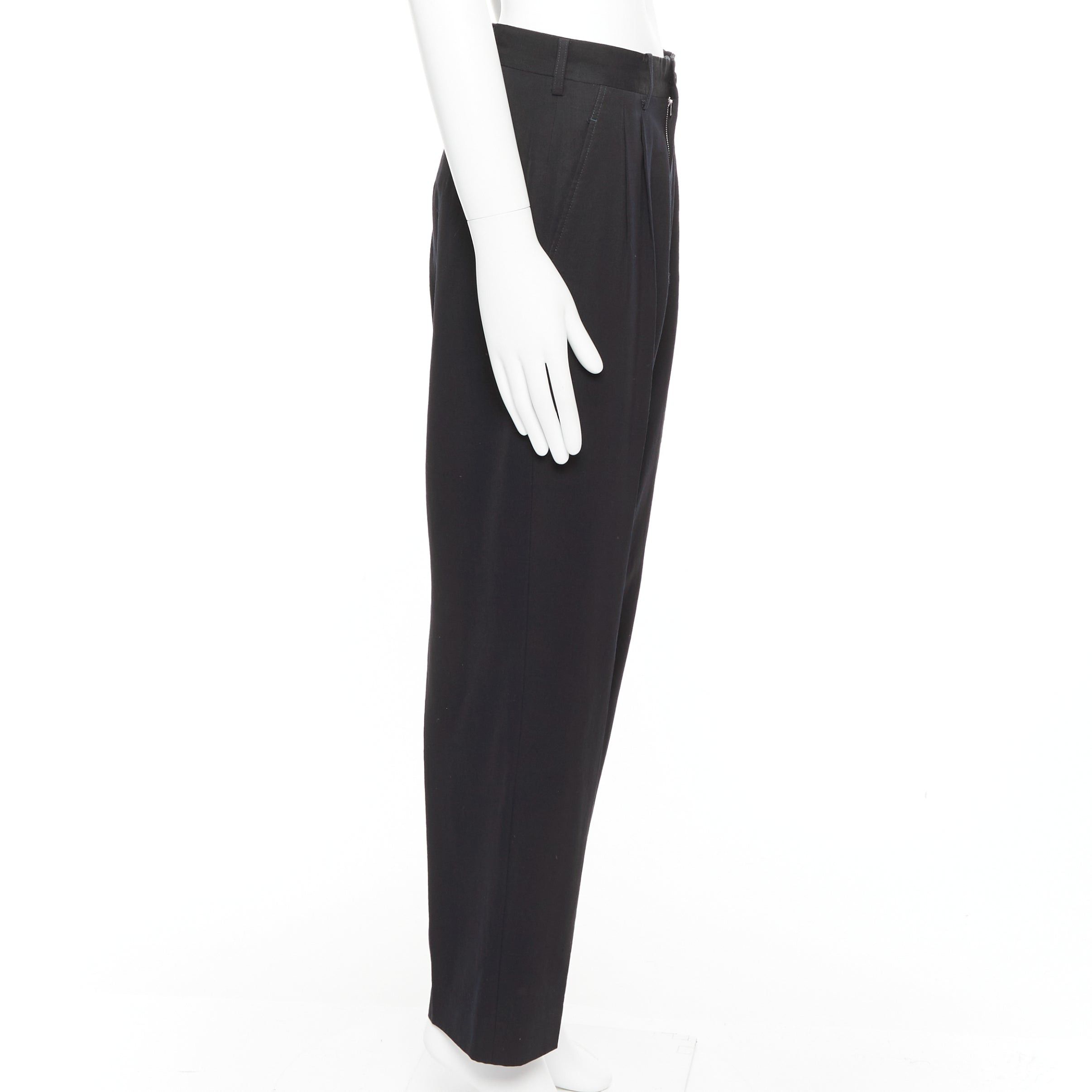 Yohji Yamamoto YOHJI YAMAMOTO navy 100% wool pleated front tapered wide trouser pants S Size US 29 - 4 Thumbnail