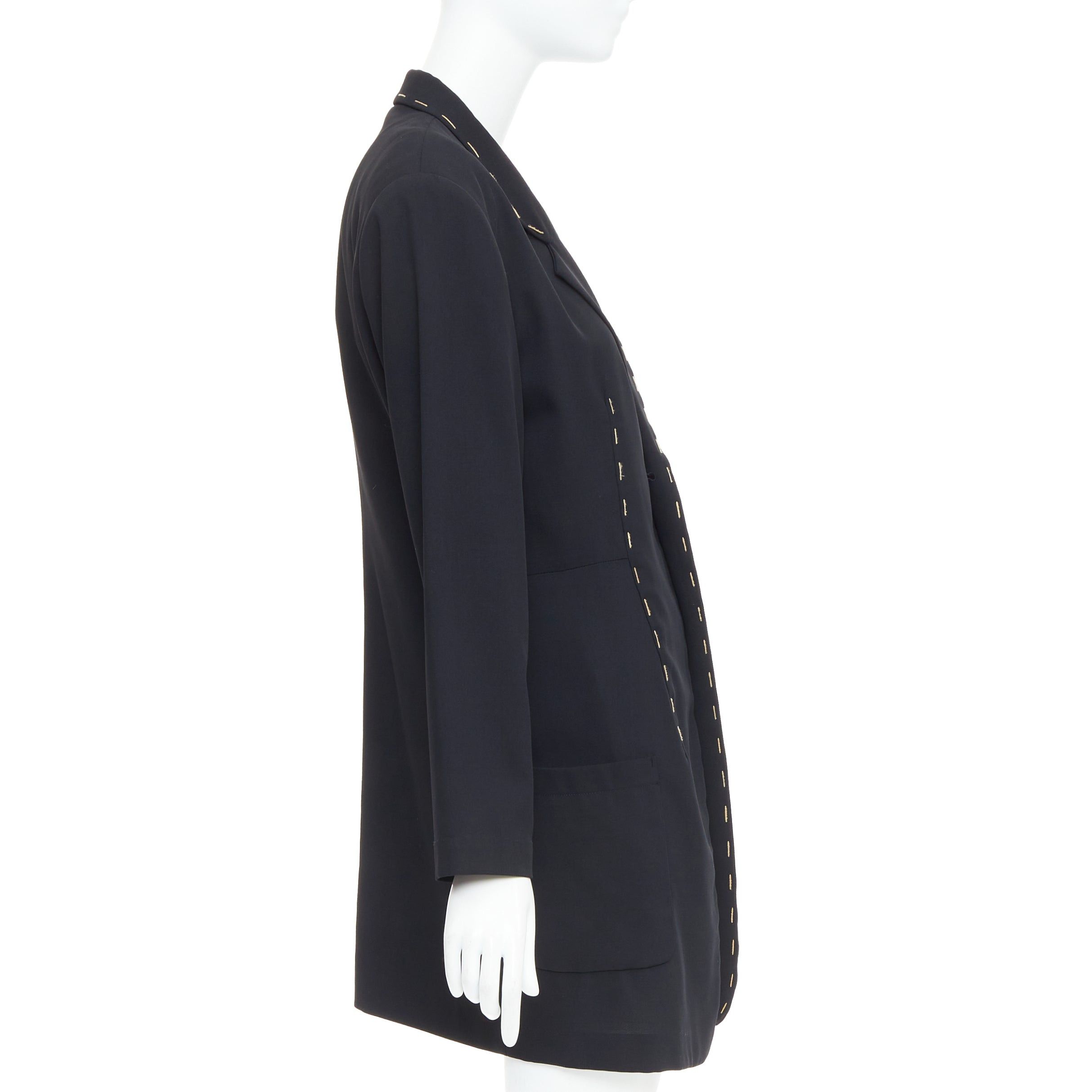 Yohji Yamamoto YOHJI YAMAMOTO black wool blend handstitched detail long blazer coat S Size S / US 4 / IT 40 - 4 Thumbnail