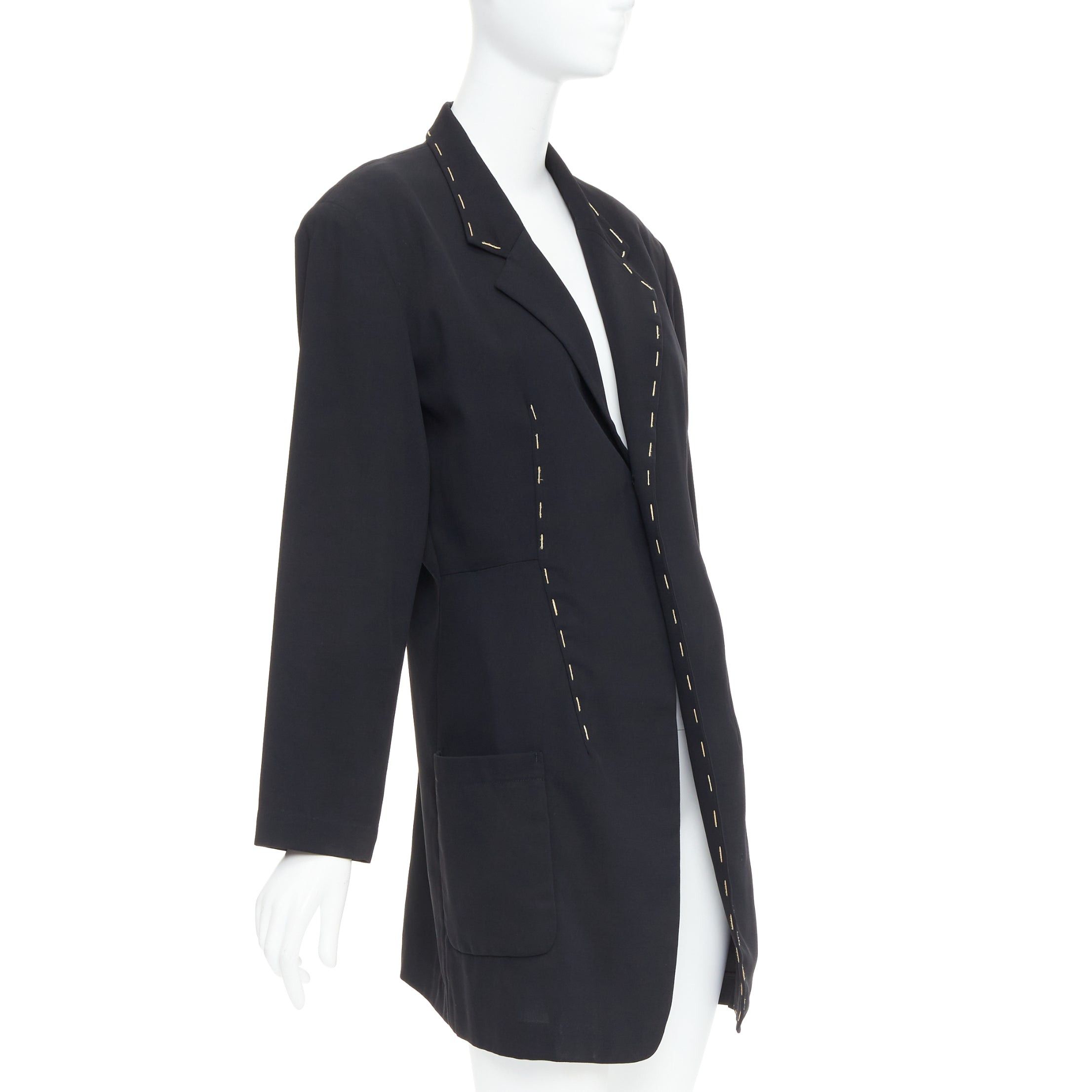 Yohji Yamamoto YOHJI YAMAMOTO black wool blend handstitched detail long blazer coat S Size S / US 4 / IT 40 - 5 Thumbnail