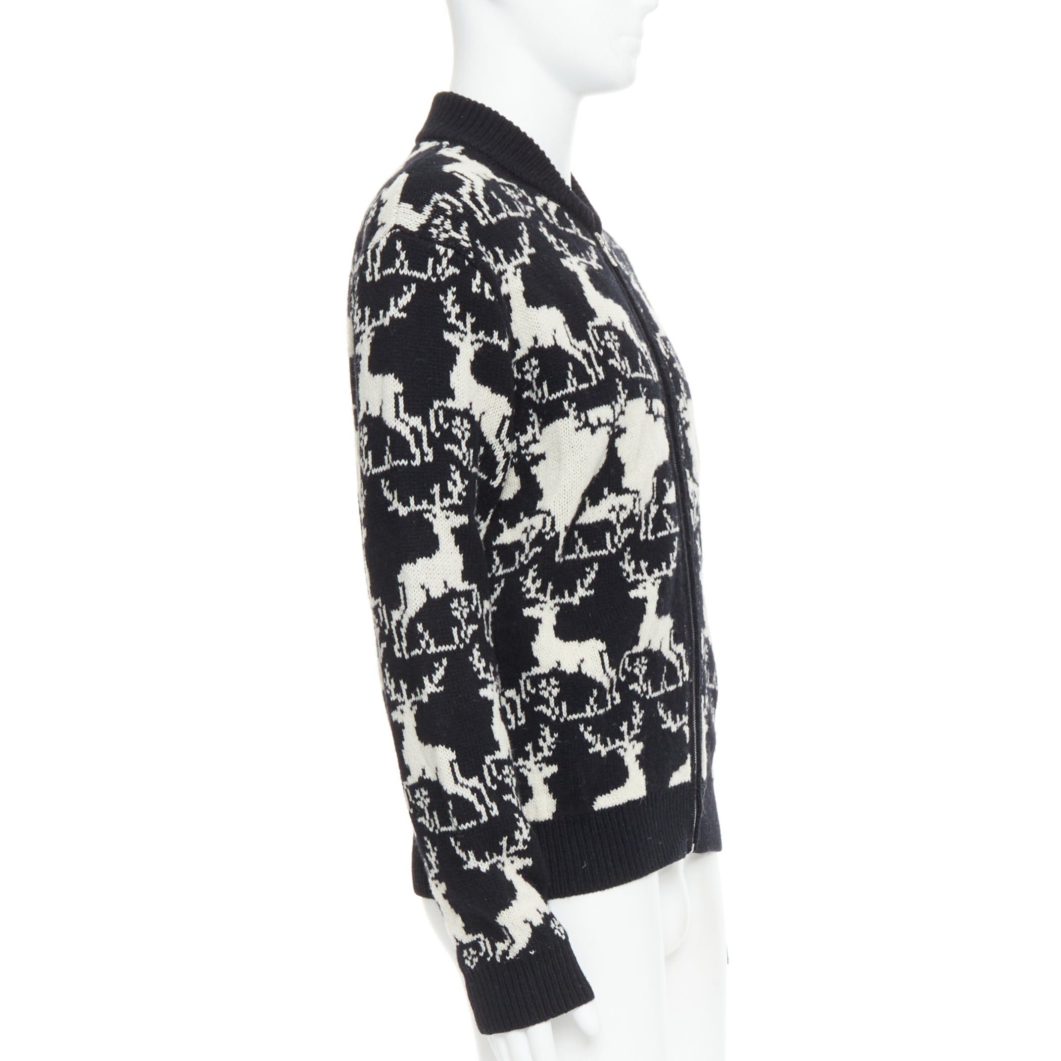 Dries Van Noten DRIES VAN NOTEN black white wool reindeer intarsia zip up jacket M Size US M / EU 48-50 / 2 - 5 Thumbnail