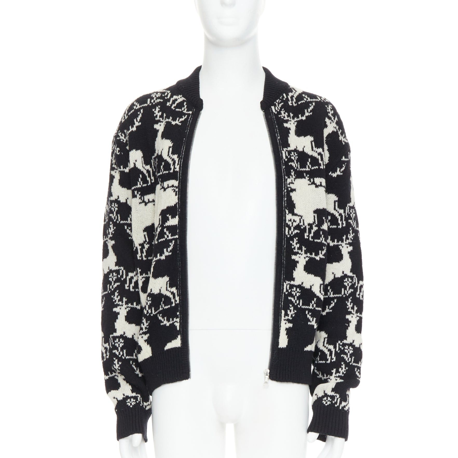 Dries Van Noten DRIES VAN NOTEN black white wool reindeer intarsia zip up jacket M Size US M / EU 48-50 / 2 - 3 Thumbnail