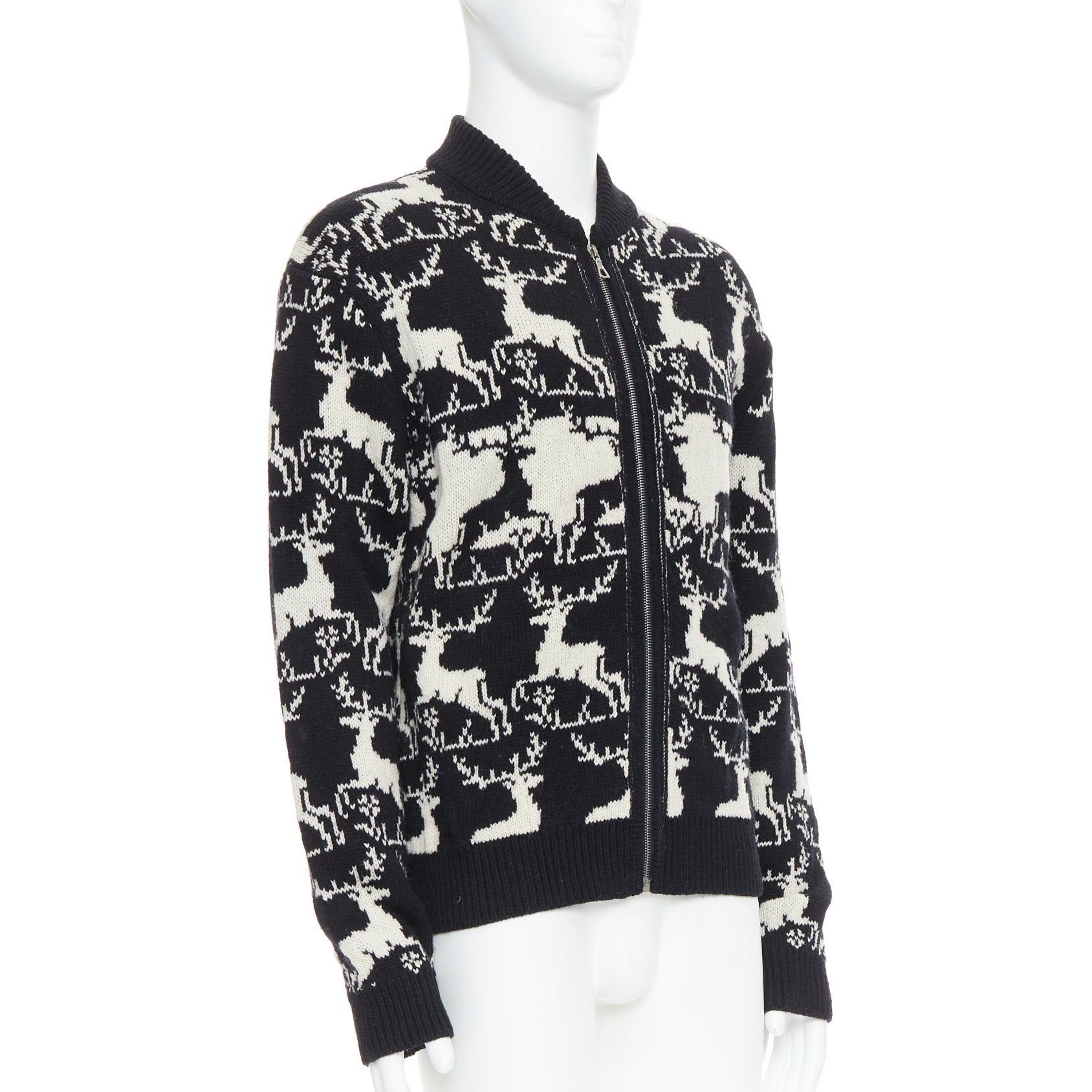 Dries Van Noten DRIES VAN NOTEN black white wool reindeer intarsia zip up jacket M Size US M / EU 48-50 / 2 - 4 Thumbnail