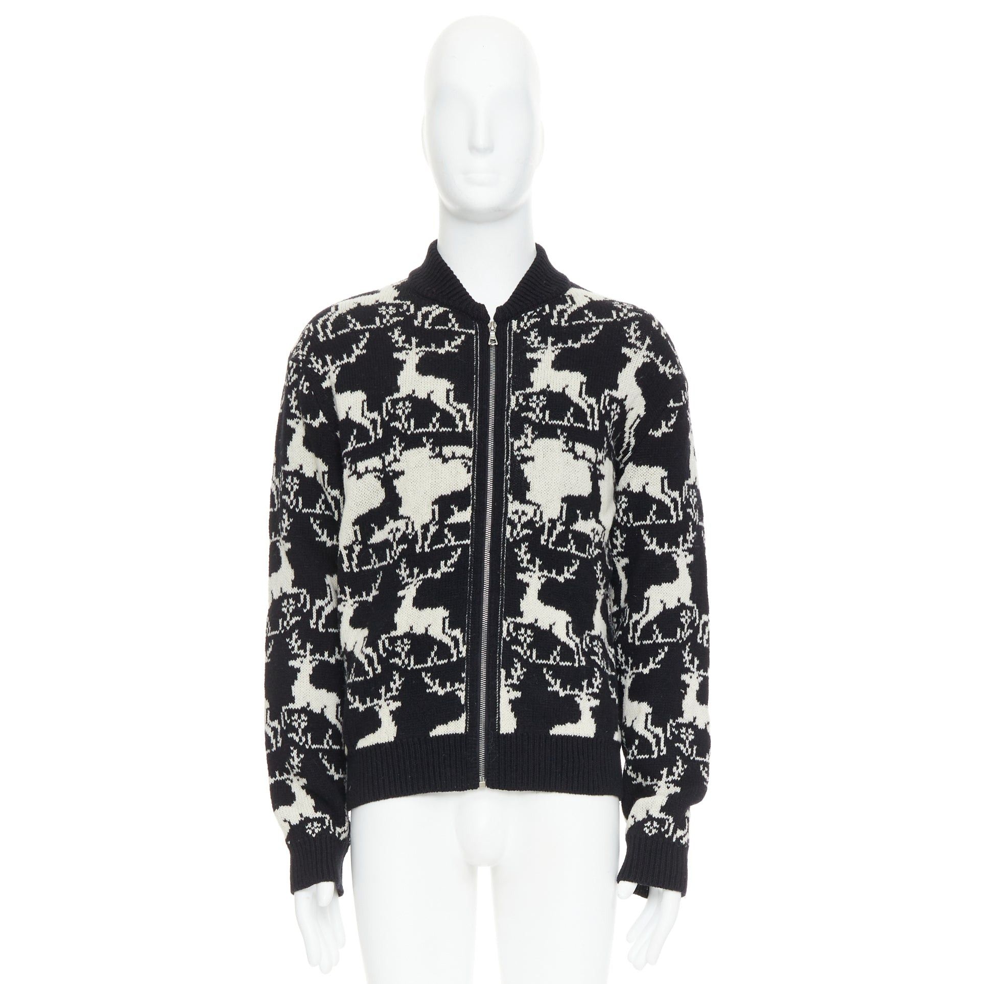 Dries Van Noten DRIES VAN NOTEN black white wool reindeer intarsia zip up jacket M Size US M / EU 48-50 / 2 - 10 Thumbnail