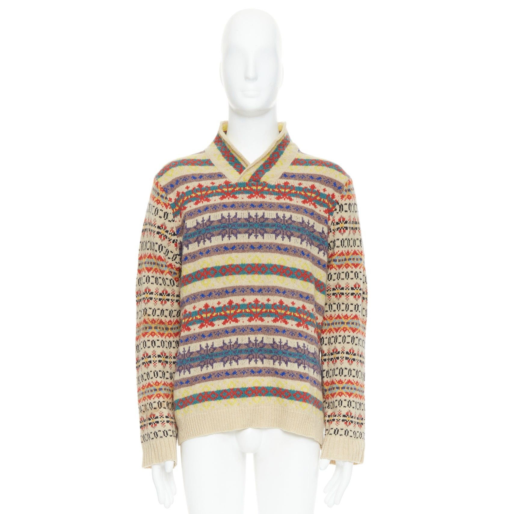 Dries Van Noten DRIES VAN NOTEN beige striped fairisle shetland wool sweater L Size US L / EU 52-54 / 3 - 9 Thumbnail