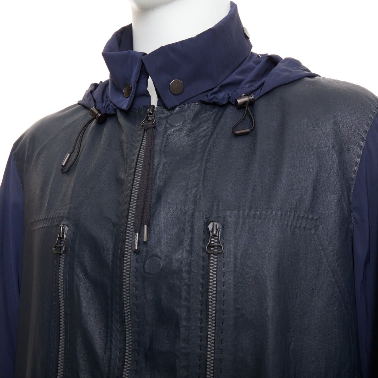Lanvin LANVIN black leather panels navy lightweight nylon anorak coat FR48 M Size US M / EU 48-50 / 2 - 2 Thumbnail
