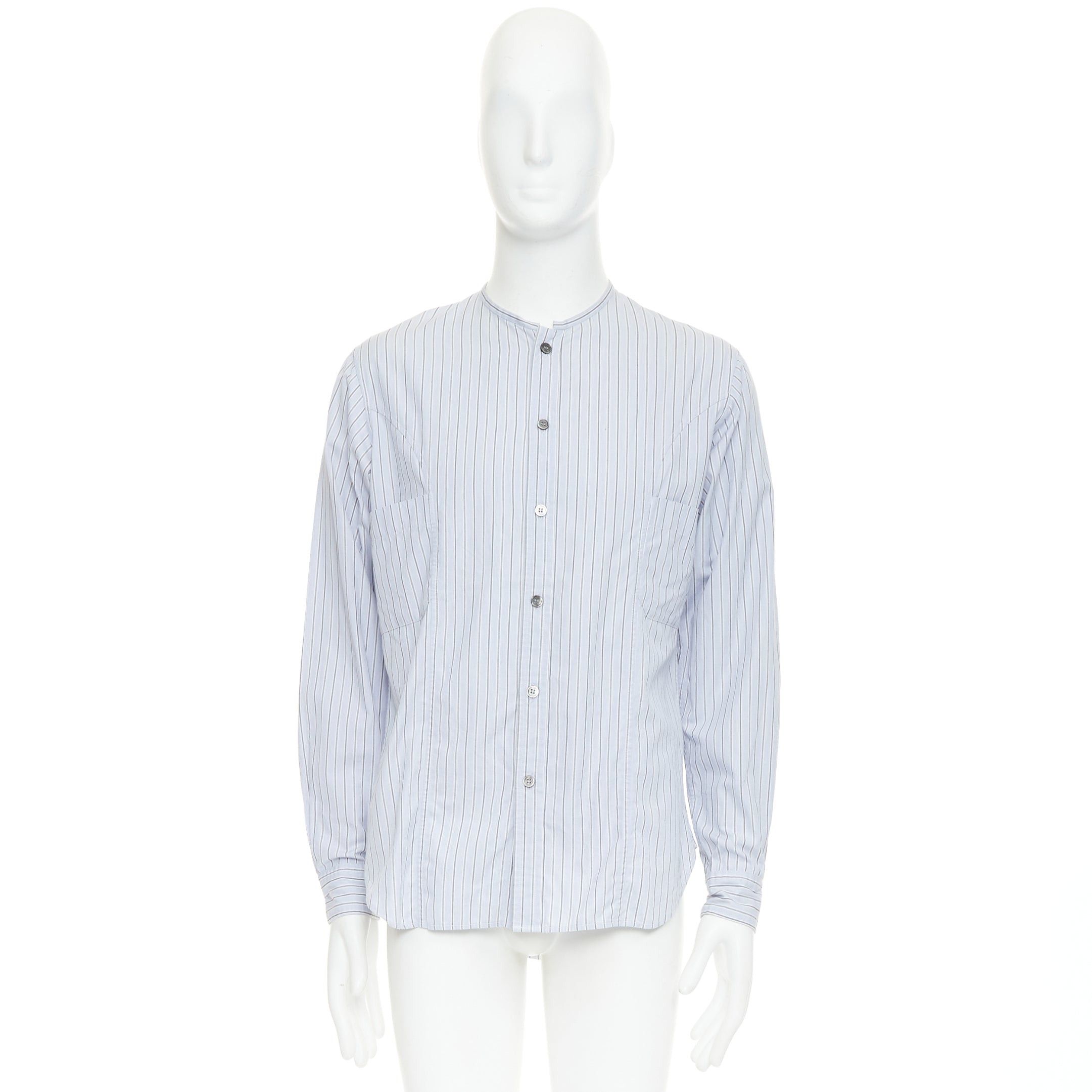 Yohji Yamamoto YOHJI YAMAMOTO HOMME light blue grey striped collarless button up shirt JP2 M Size US M / EU 48-50 / 2 - 9 Thumbnail