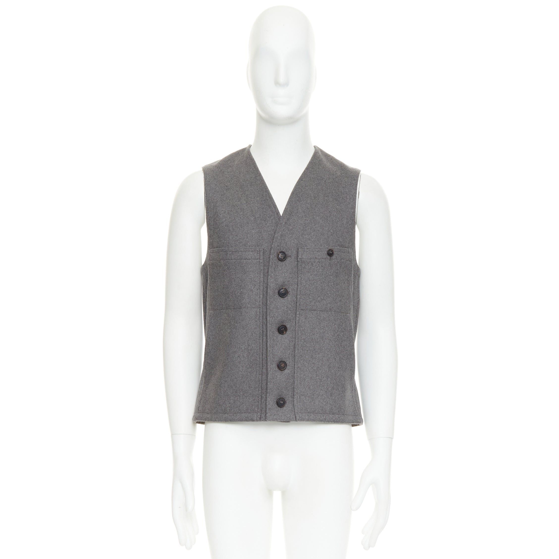 Lemaire LEMAIRE grey 100% virgin wool felt horn buttons pocketed waist coat vest Sz.2 M Size US M / EU 48-50 / 2 - 9 Thumbnail