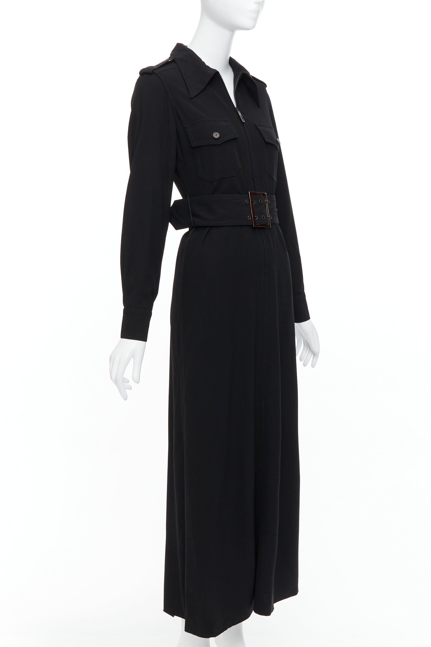 Gucci GUCCI Tom Ford 1996 black virgin wool belted military safari dress Size M / US 6-8 / IT 42-44 - 3 Thumbnail