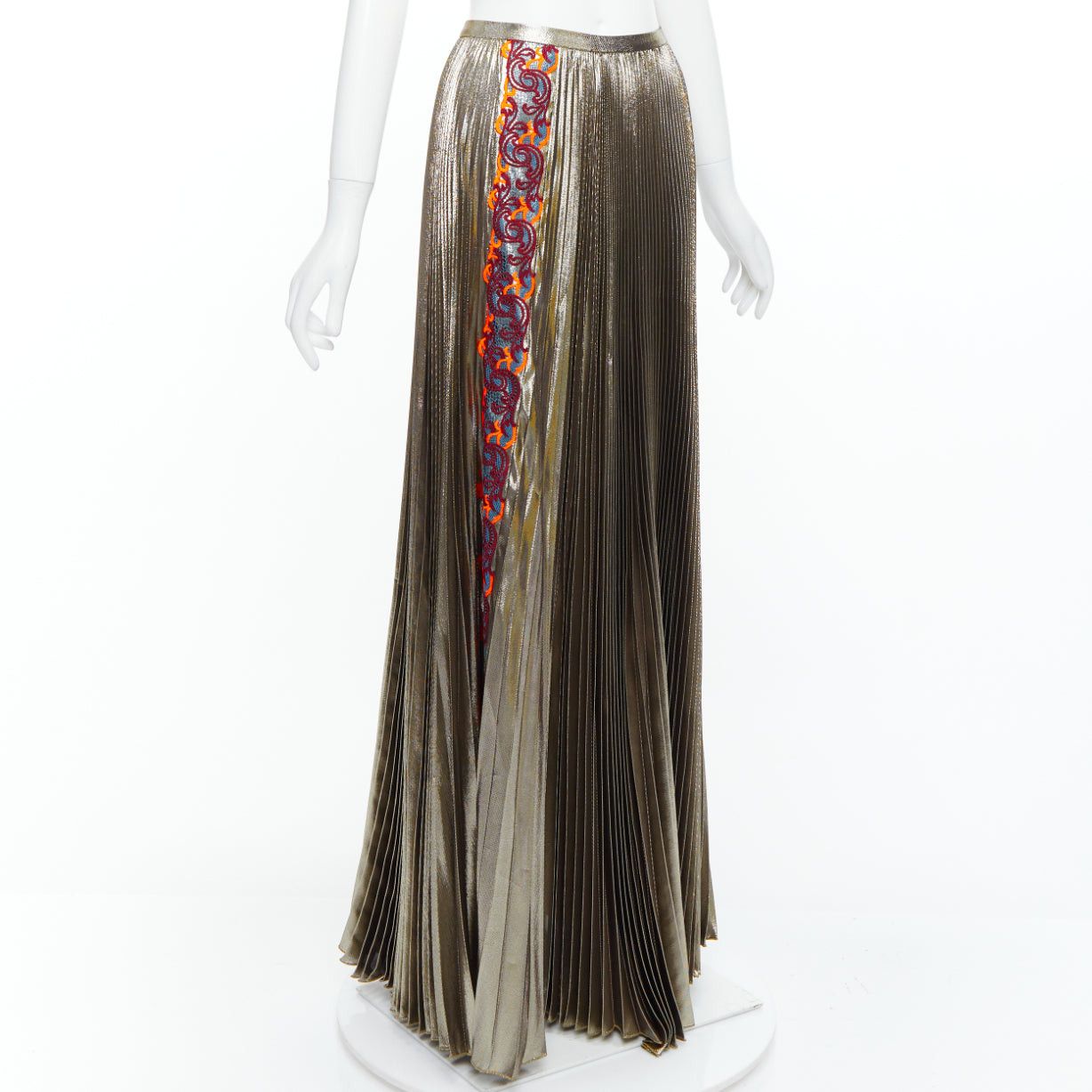 Versace VERSACE 2017 metallic gold silk-lame baroque trim pleated full skirt IT42 M Size 28" / US 6 / IT 42 - 3 Thumbnail