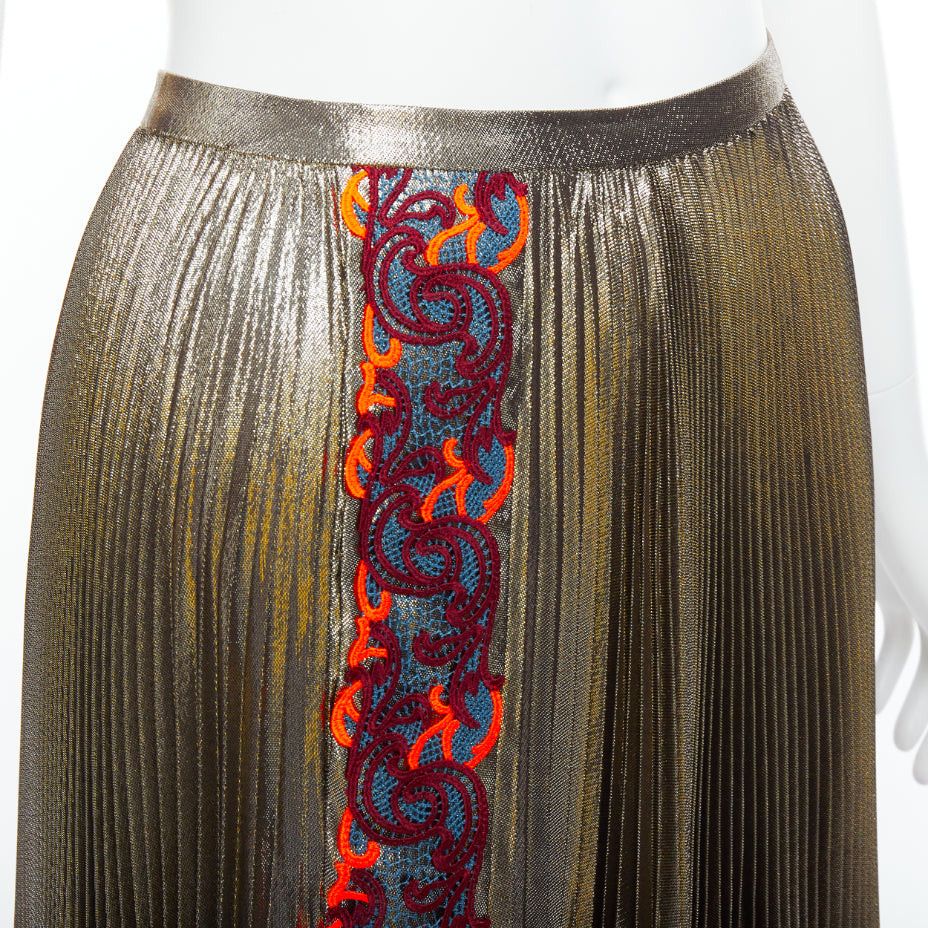 Versace VERSACE 2017 metallic gold silk-lame baroque trim pleated full skirt IT42 M Size 28" / US 6 / IT 42 - 2 Thumbnail