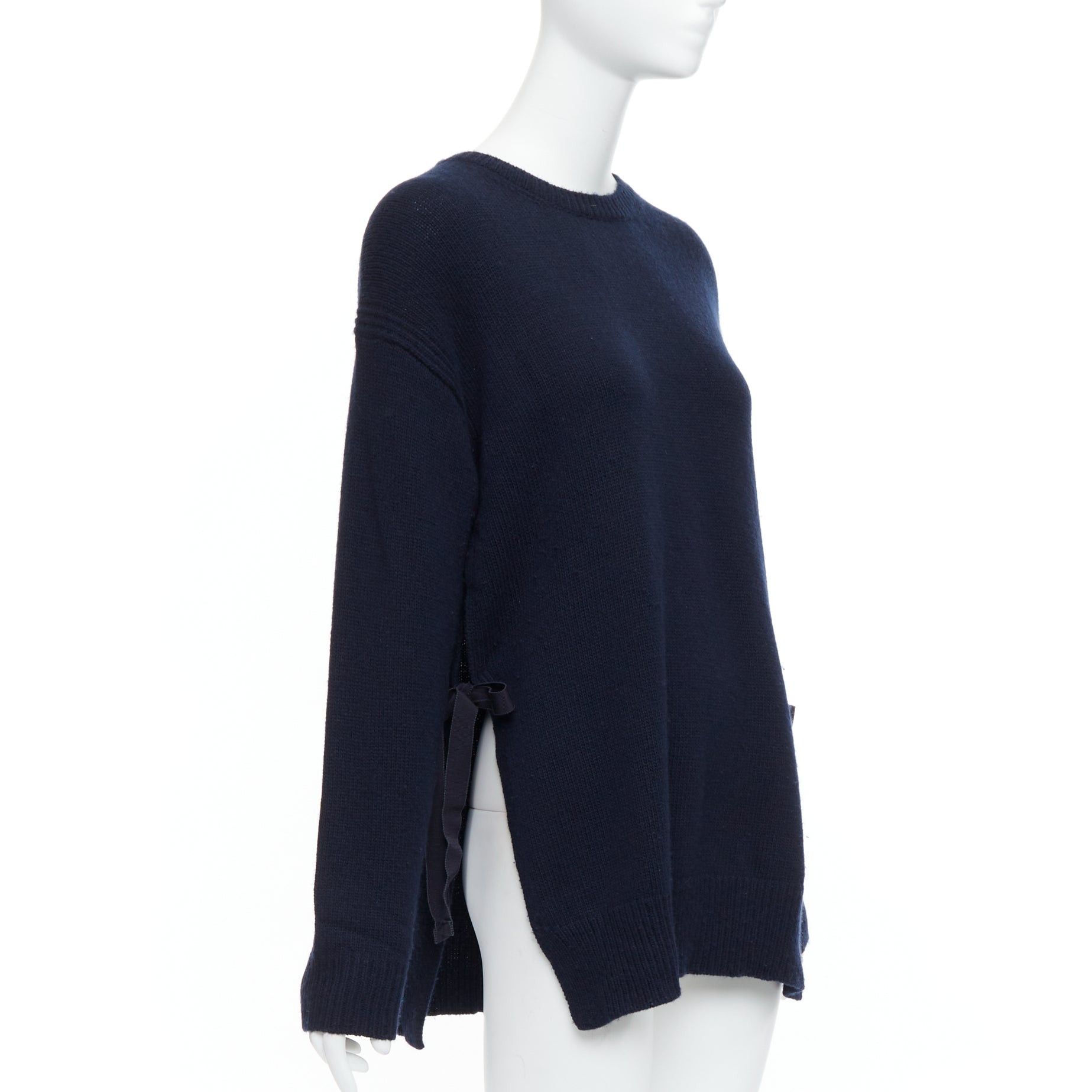 Prada PRADA 2016 navy wool cashmere ribbon tie side crew neck sweater IT42 M Size M / US 6-8 / IT 42-44 - 3 Thumbnail
