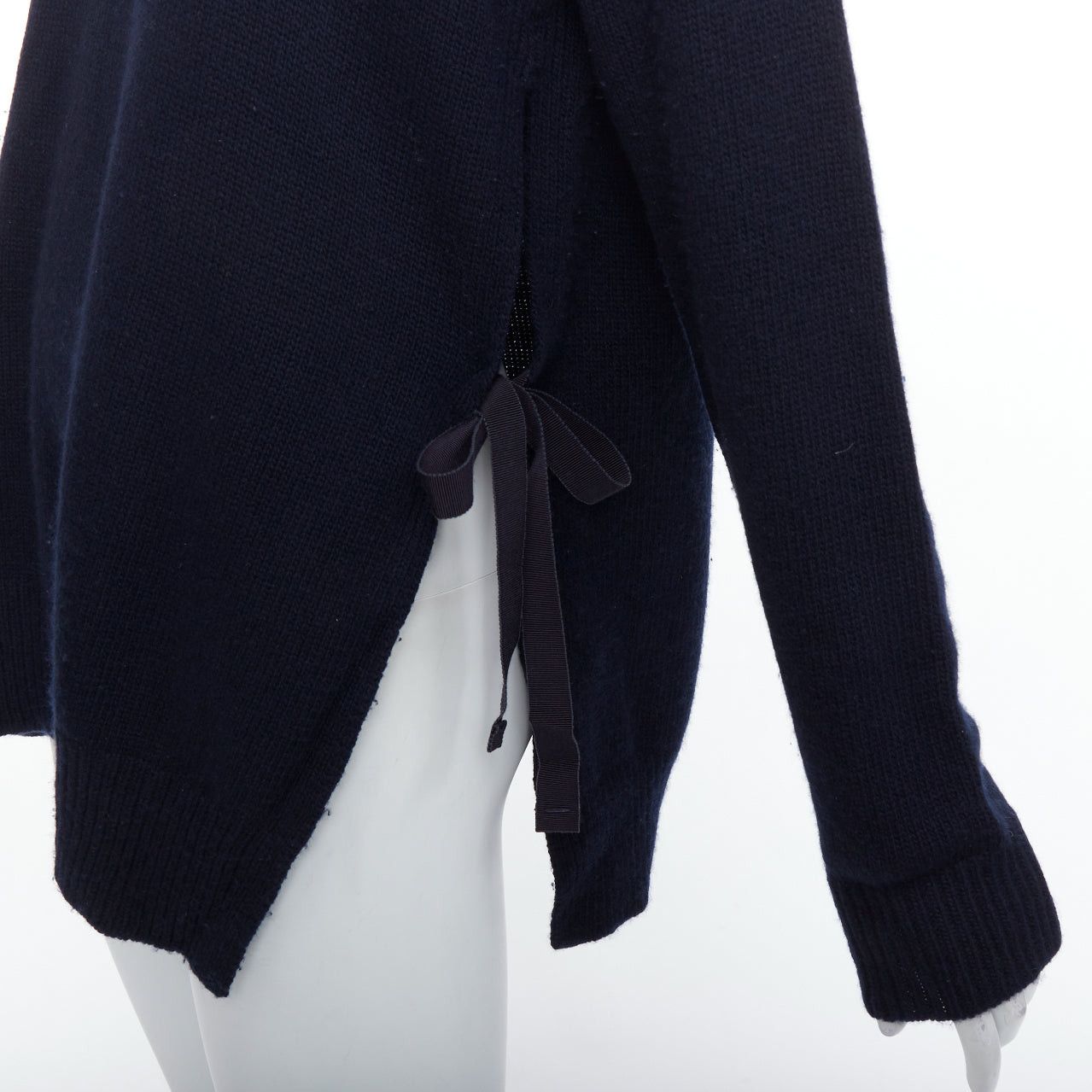Prada PRADA 2016 navy wool cashmere ribbon tie side crew neck sweater IT42 M Size M / US 6-8 / IT 42-44 - 2 Thumbnail
