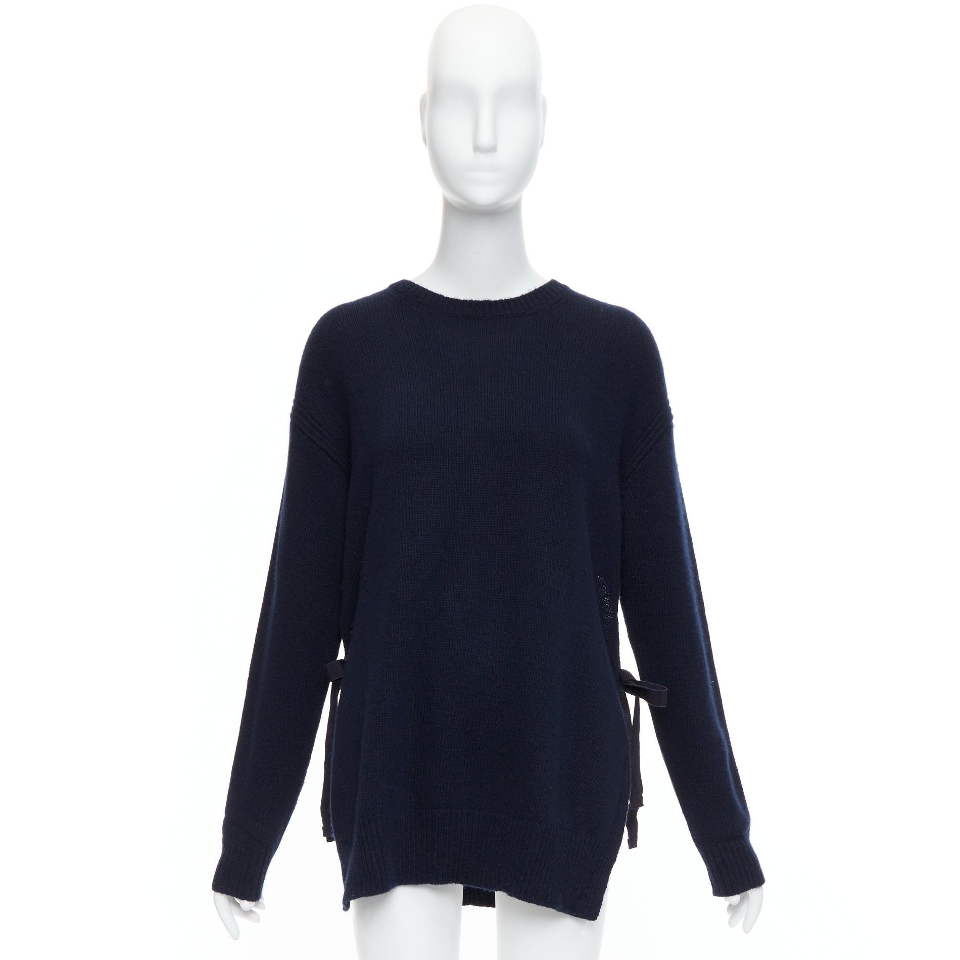 Prada PRADA 2016 navy wool cashmere ribbon tie side crew neck sweater IT42 M Size M / US 6-8 / IT 42-44 - 9 Thumbnail