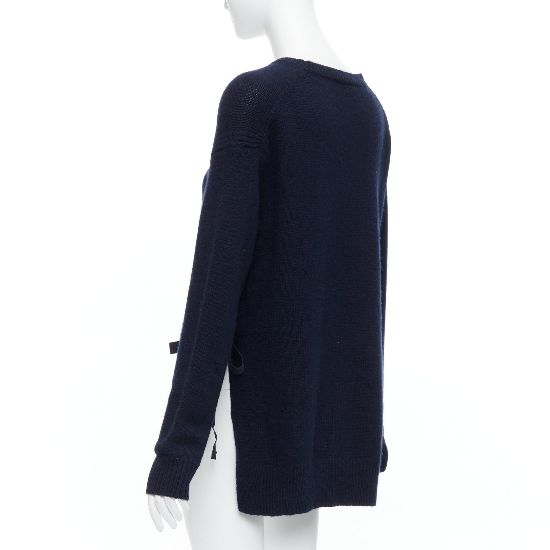 Prada PRADA 2016 navy wool cashmere ribbon tie side crew neck sweater IT42 M Size M / US 6-8 / IT 42-44 - 6 Thumbnail