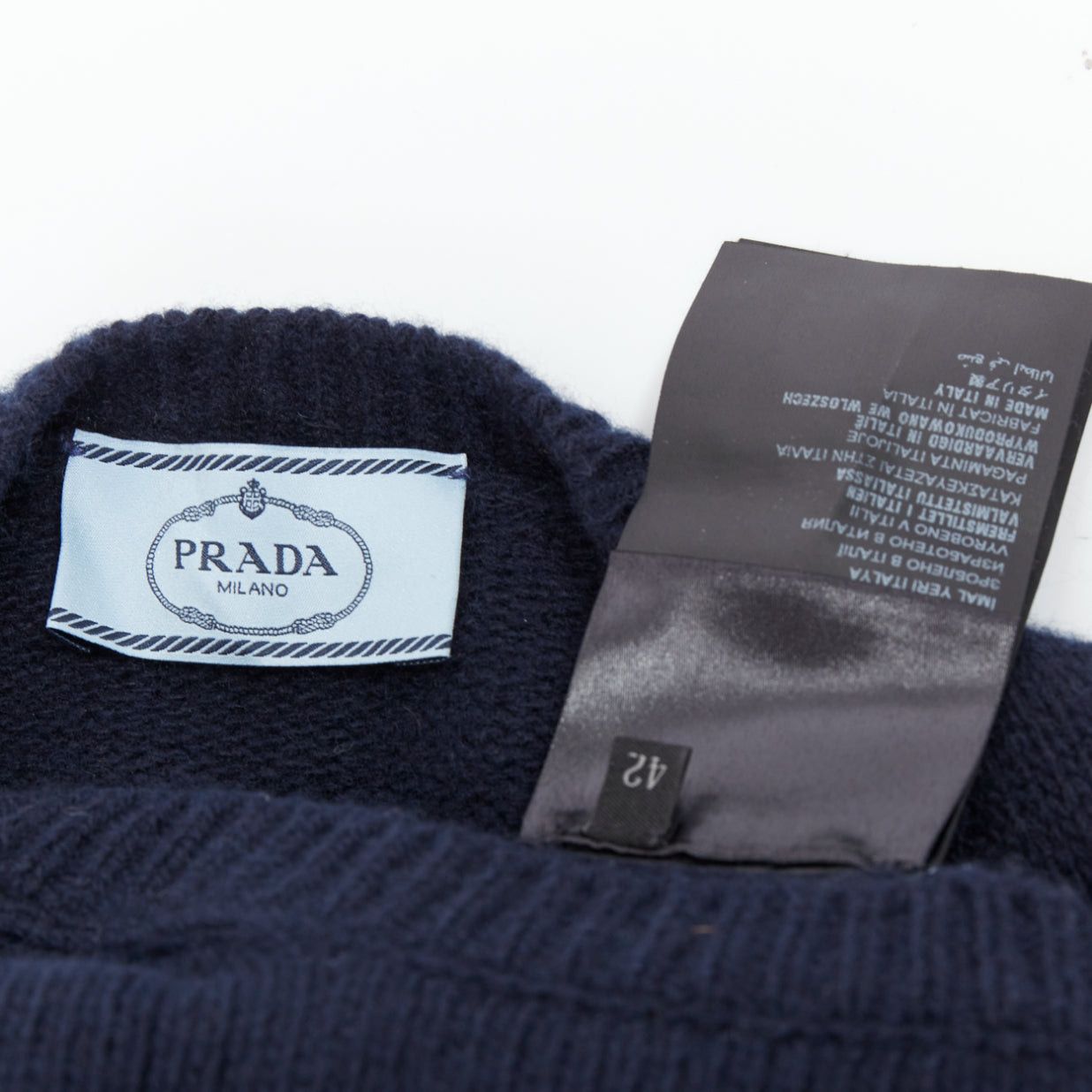 Prada PRADA 2016 navy wool cashmere ribbon tie side crew neck sweater IT42 M Size M / US 6-8 / IT 42-44 - 8 Thumbnail