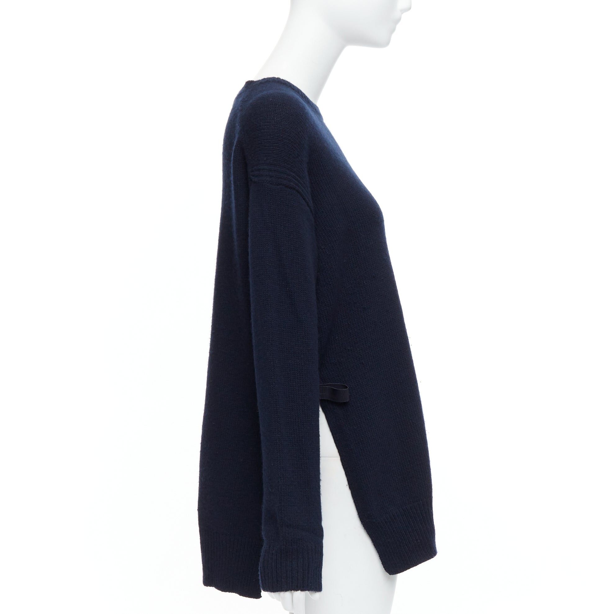 Prada PRADA 2016 navy wool cashmere ribbon tie side crew neck sweater IT42 M Size M / US 6-8 / IT 42-44 - 4 Thumbnail