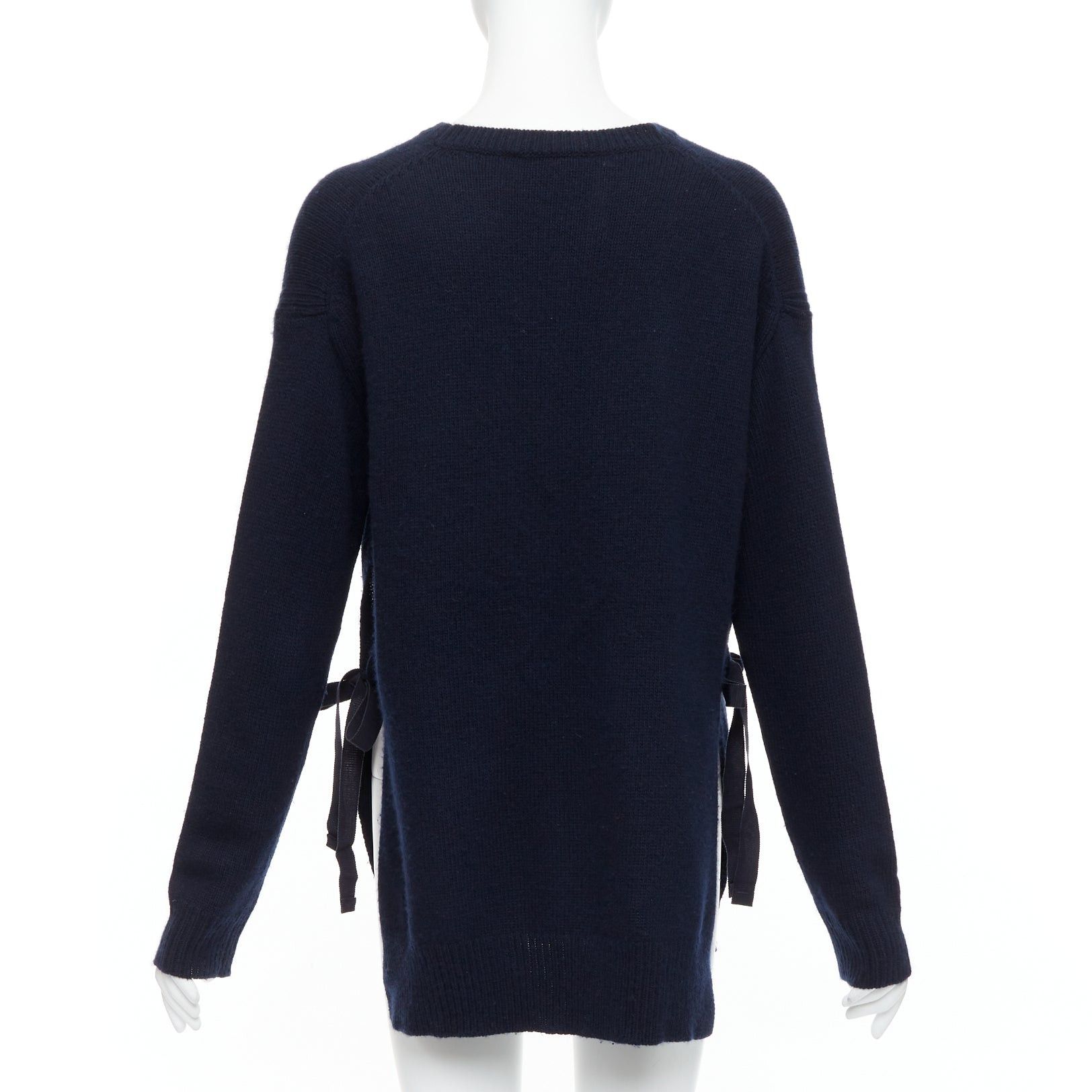 Prada PRADA 2016 navy wool cashmere ribbon tie side crew neck sweater IT42 M Size M / US 6-8 / IT 42-44 - 5 Thumbnail
