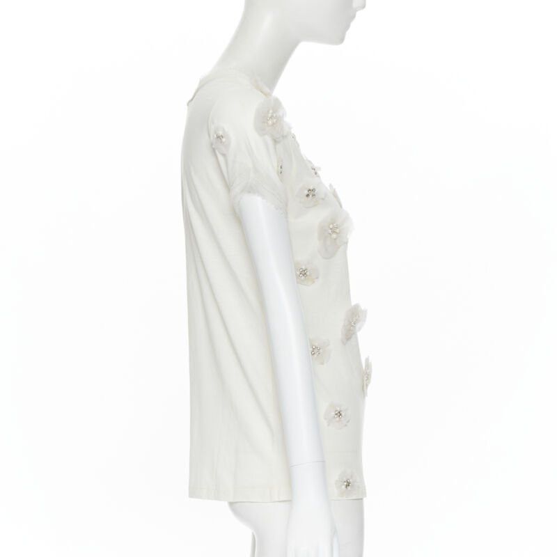 Lanvin LANVIN ALBER ELBAZ Collection Blanche white silk pearl crystal flower tshirt XS Size XS / US 0-2 / IT 36-38 - 4 Thumbnail