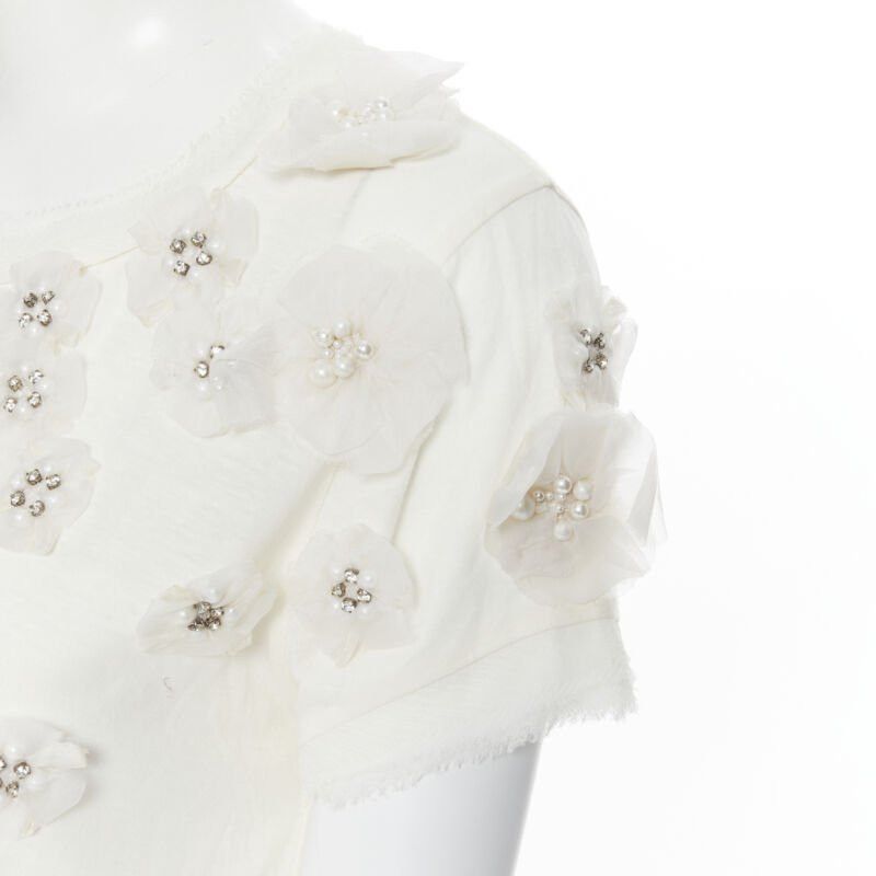 Lanvin LANVIN ALBER ELBAZ Collection Blanche white silk pearl crystal flower tshirt XS Size XS / US 0-2 / IT 36-38 - 7 Thumbnail