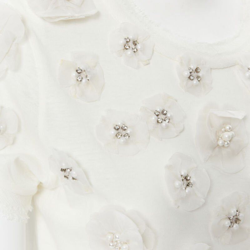 Lanvin LANVIN ALBER ELBAZ Collection Blanche white silk pearl crystal flower tshirt XS Size XS / US 0-2 / IT 36-38 - 8 Thumbnail