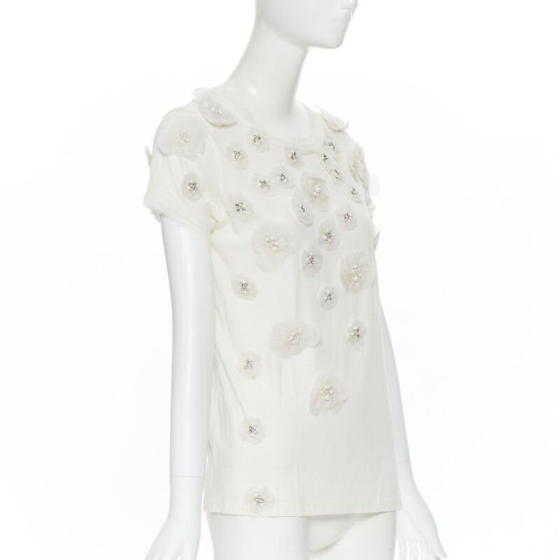 Lanvin LANVIN ALBER ELBAZ Collection Blanche white silk pearl crystal flower tshirt XS Size XS / US 0-2 / IT 36-38 - 3 Thumbnail
