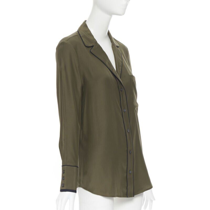 Frame FRAME 100% silk forest green black piping casual pyjama shirt XS Size XS / US 0-2 / IT 36-38 - 3 Thumbnail