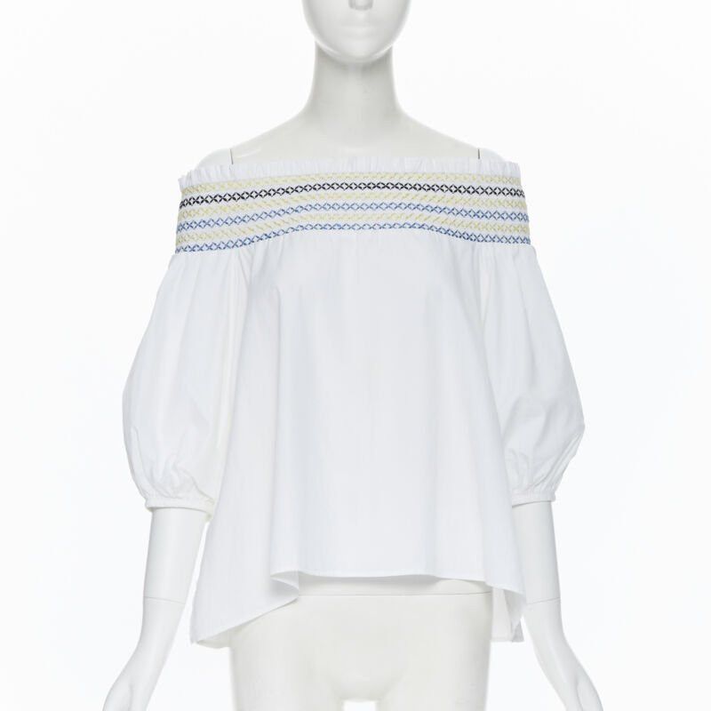 Peter Pilotto PETER PILOTTO white cotton ethnic embroidery off shoulder puff sleeve top UK6 Size XS / US 0-2 / IT 36-38 - 3 Thumbnail