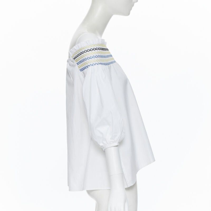 Peter Pilotto PETER PILOTTO white cotton ethnic embroidery off shoulder puff sleeve top UK6 Size XS / US 0-2 / IT 36-38 - 4 Thumbnail