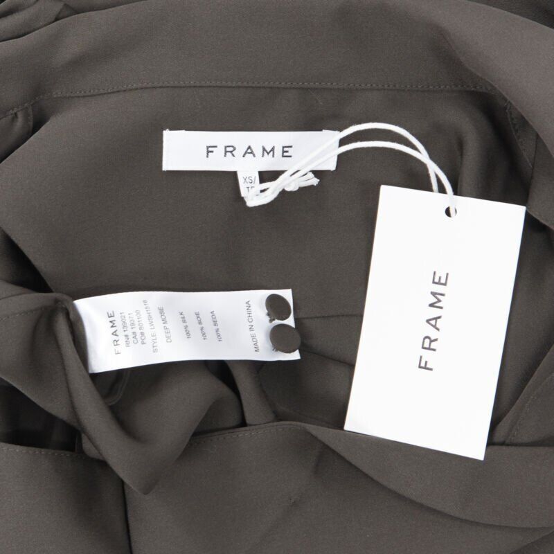 new FRAME Dark Moss green 100% silk spread collar popover shirt blouse XS